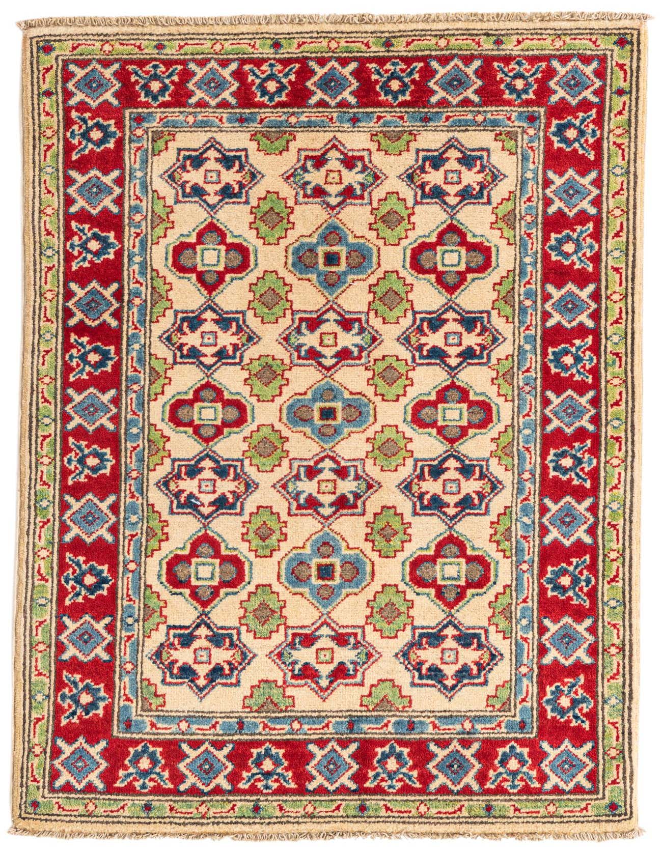 A 3x4 rectangular Rugs.com Kazak rug with a cream field, red border, and traditional Southwestern geometric patterns in blue, green, and brown.