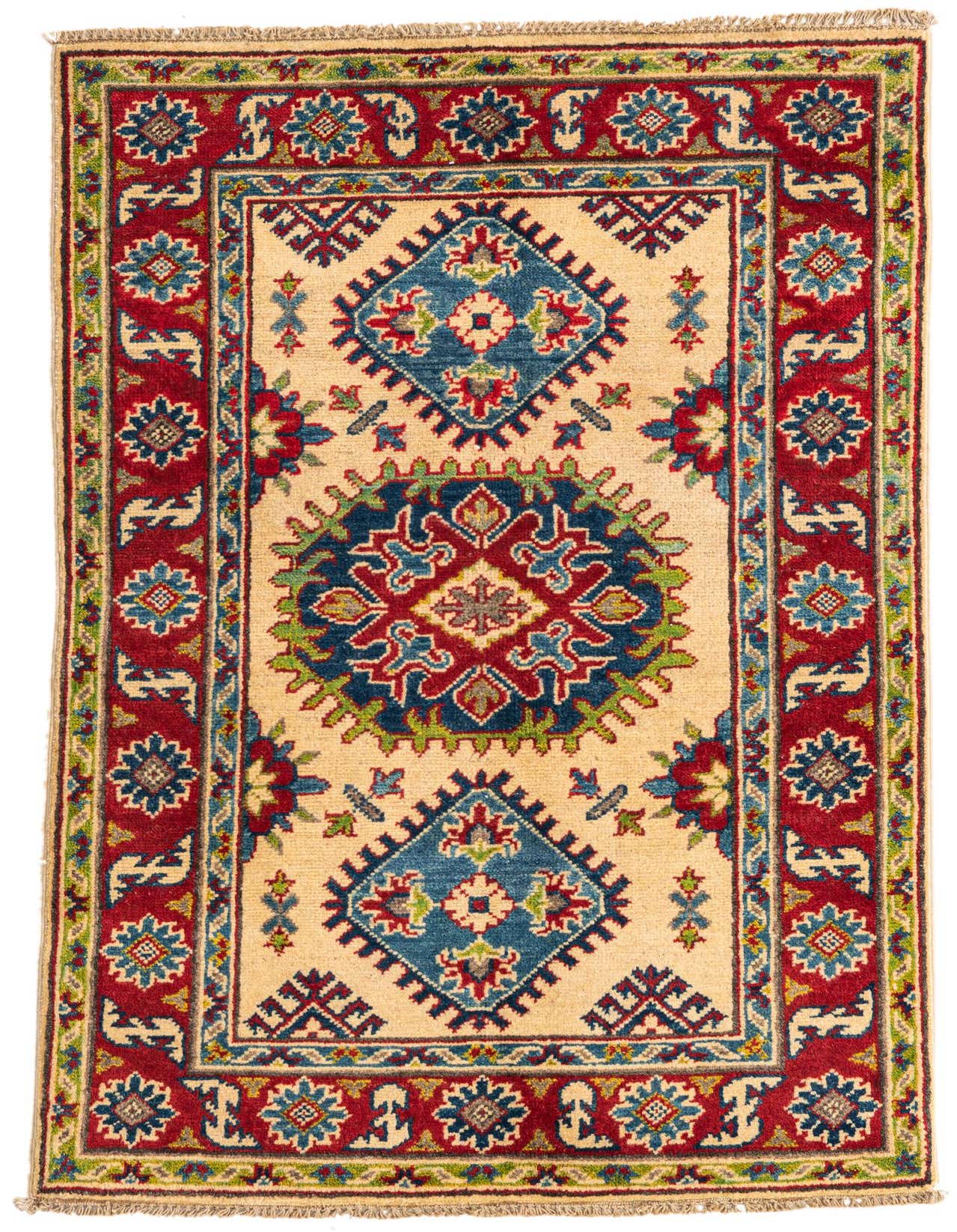 A 3x4 rectangular Rugs.com Kazak rug with a cream background, red border, and traditional blue, red, and green geometric patterns.