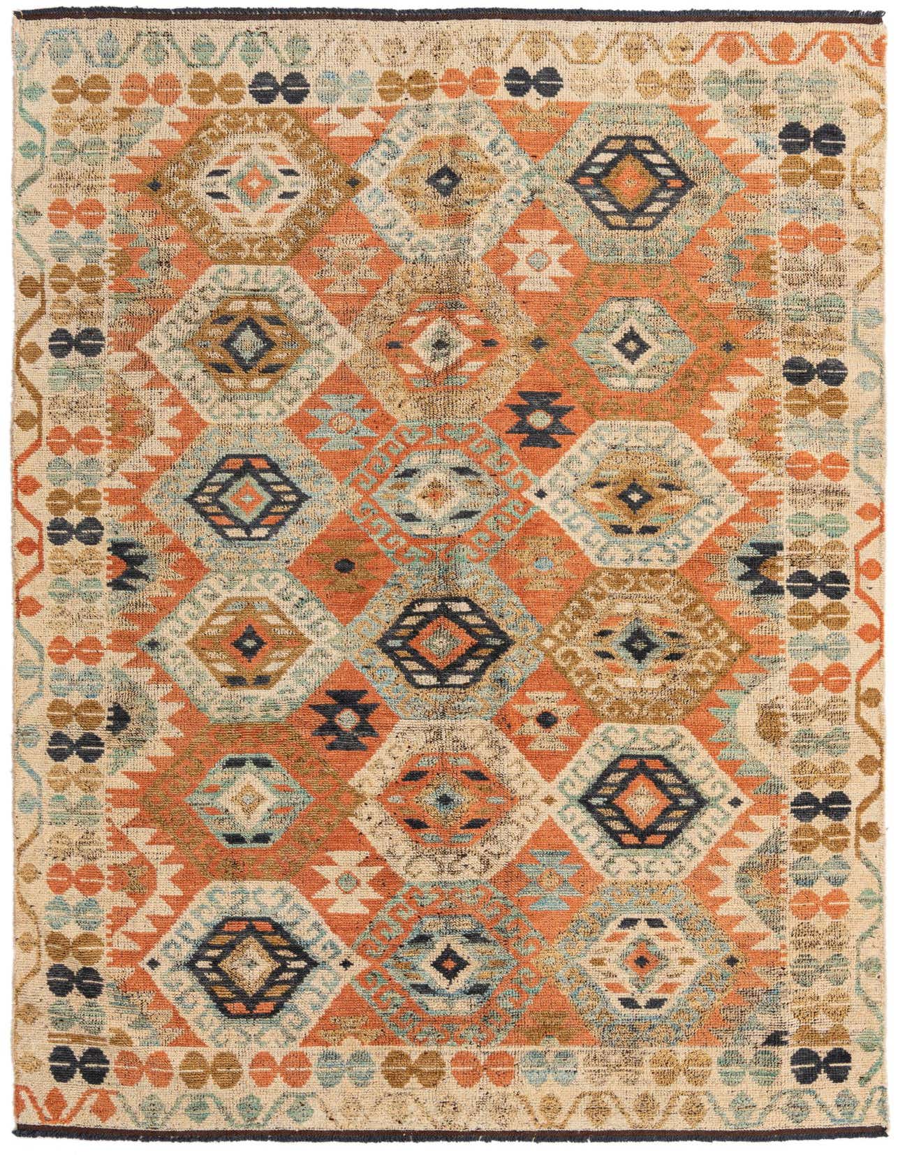 A rectangular 6x9 wool rug with a modern oriental abstract pattern in browns, tans, creams, and hints of blue.