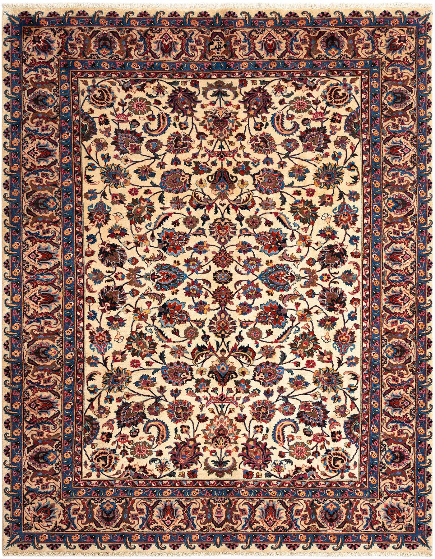 An 8x11 rectangular Kerman Persian rug with a cream field and intricate floral patterns in shades of brown, red, and blue, framed by a detailed border.