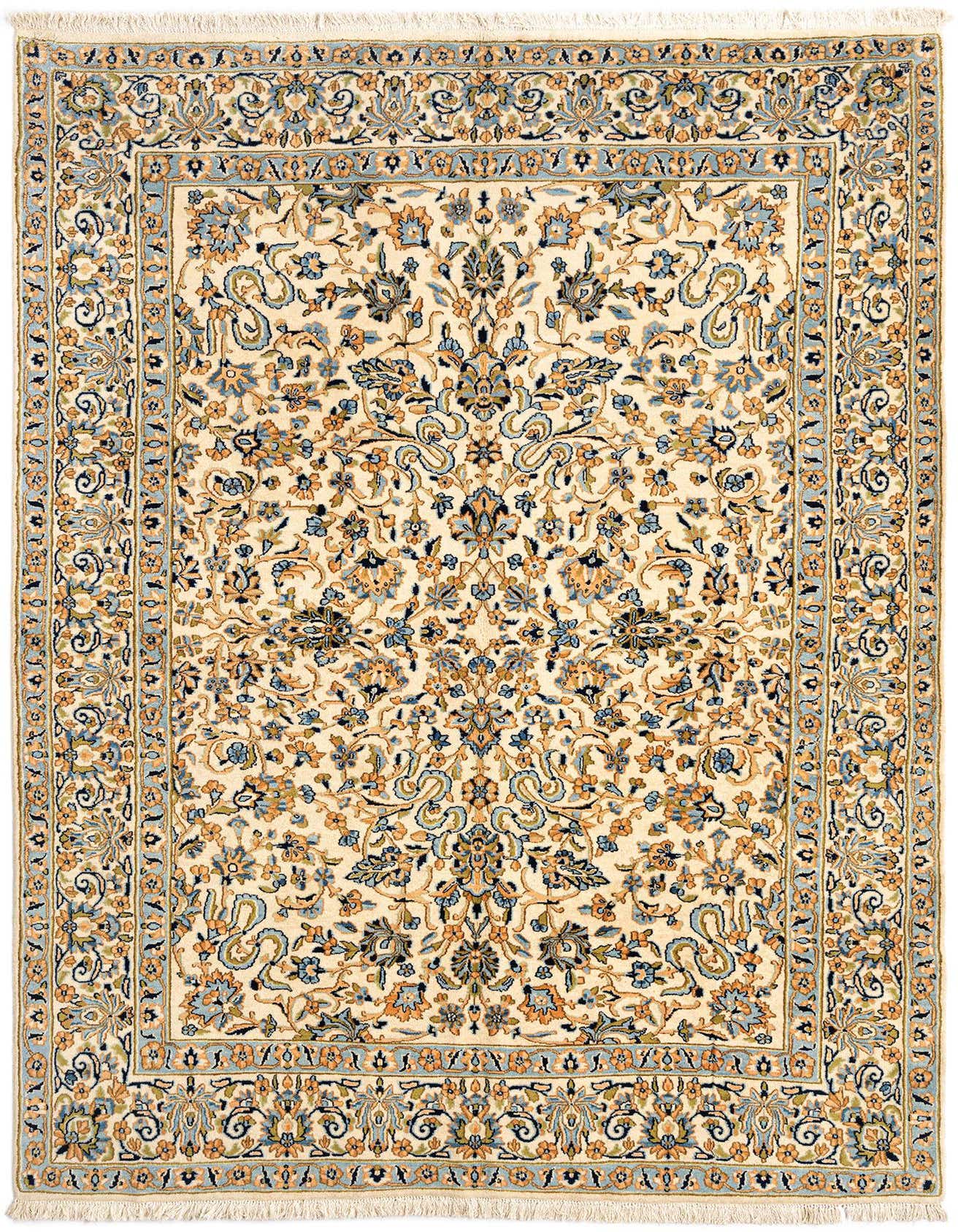 A 6x9 rectangular Kerman Persian rug featuring intricate floral patterns in cream, tan, and light blue.