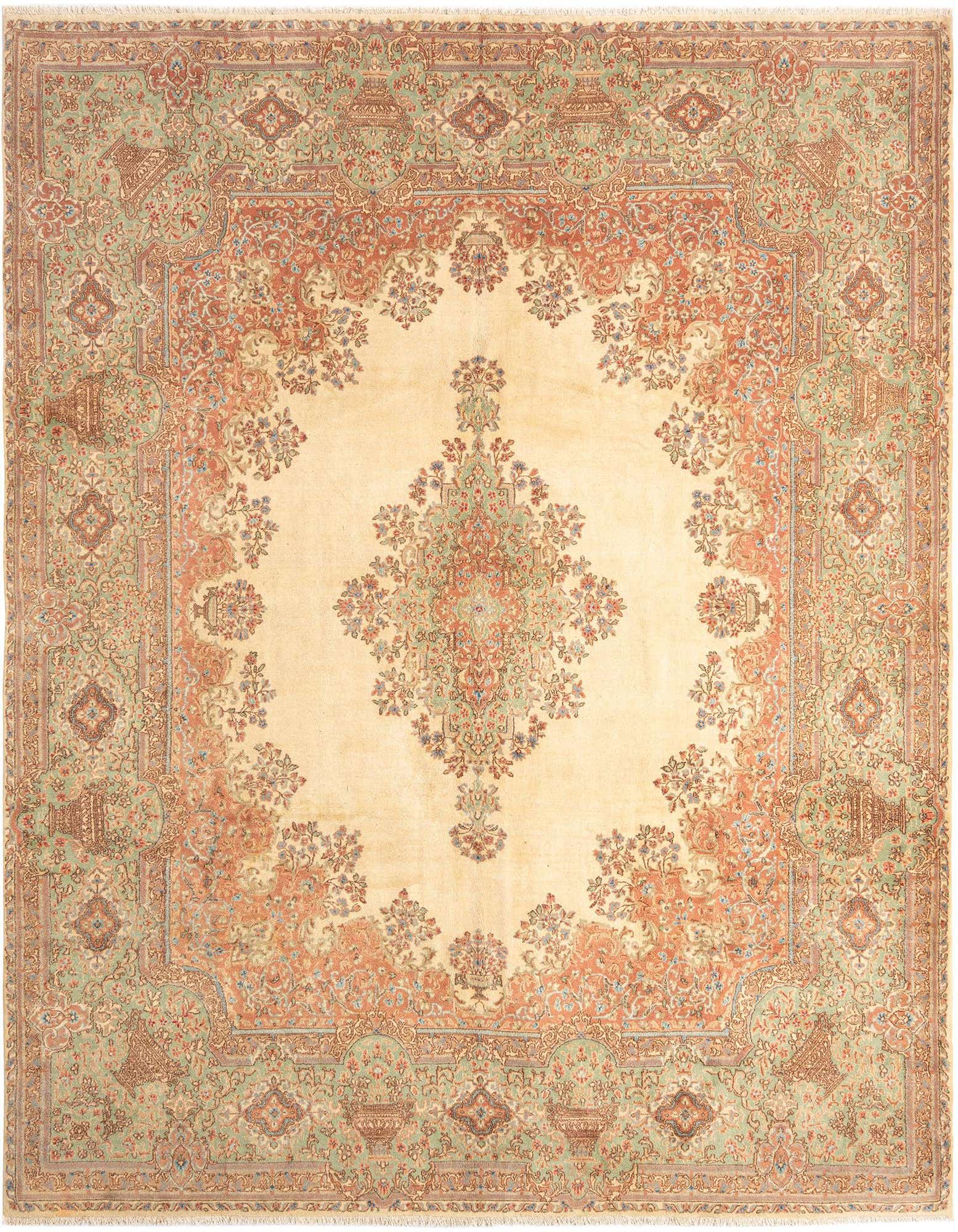 A 10x12 rectangular Persian rug with a cream center medallion, surrounded by intricate brown, tan, and ivory floral patterns.