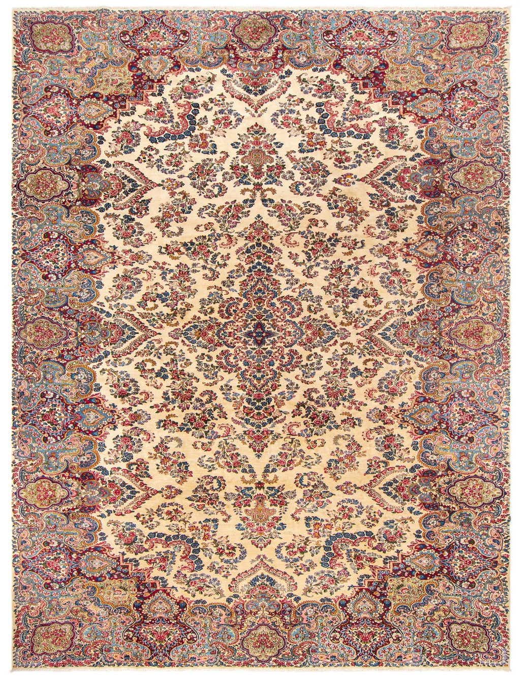 An oversized rectangular Persian rug with a cream and tan background, featuring intricate floral patterns in red, blue, and pink.