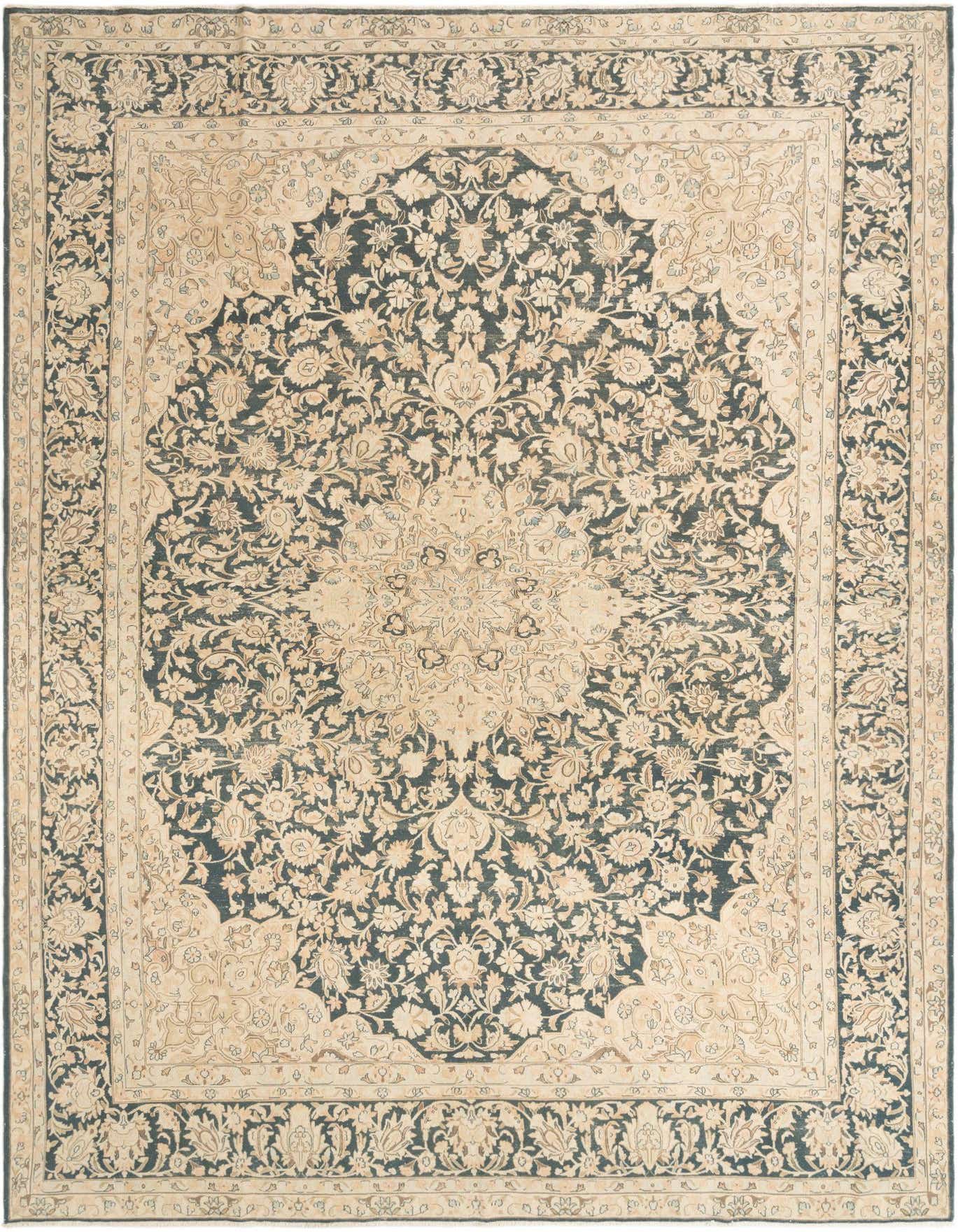 A 10x13 rectangular Kerman traditional wool rug in brown and ivory with an intricate floral medallion pattern.
