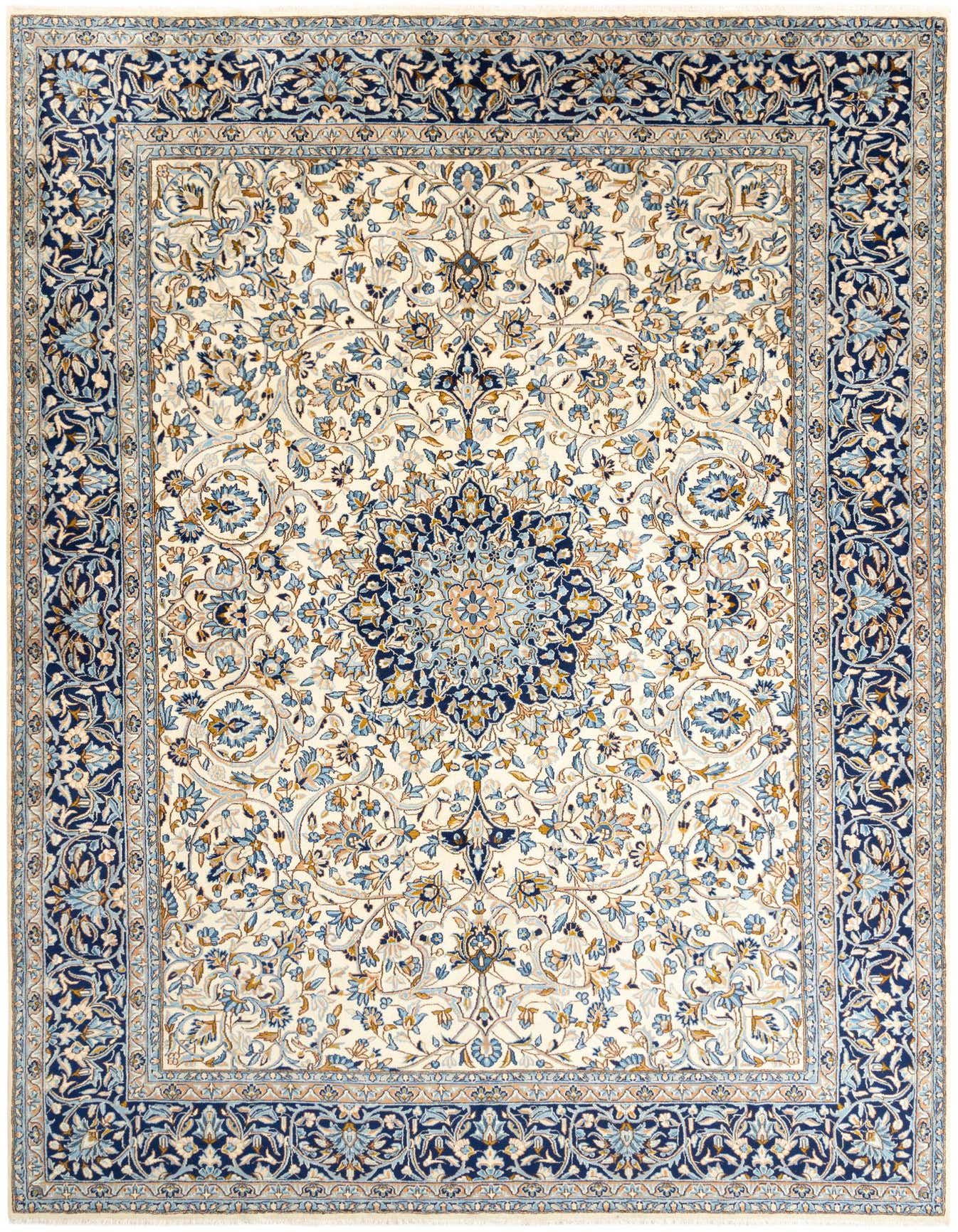 A 10x13 rectangular Kerman traditional wool rug in ivory and brown with an intricate floral medallion pattern.