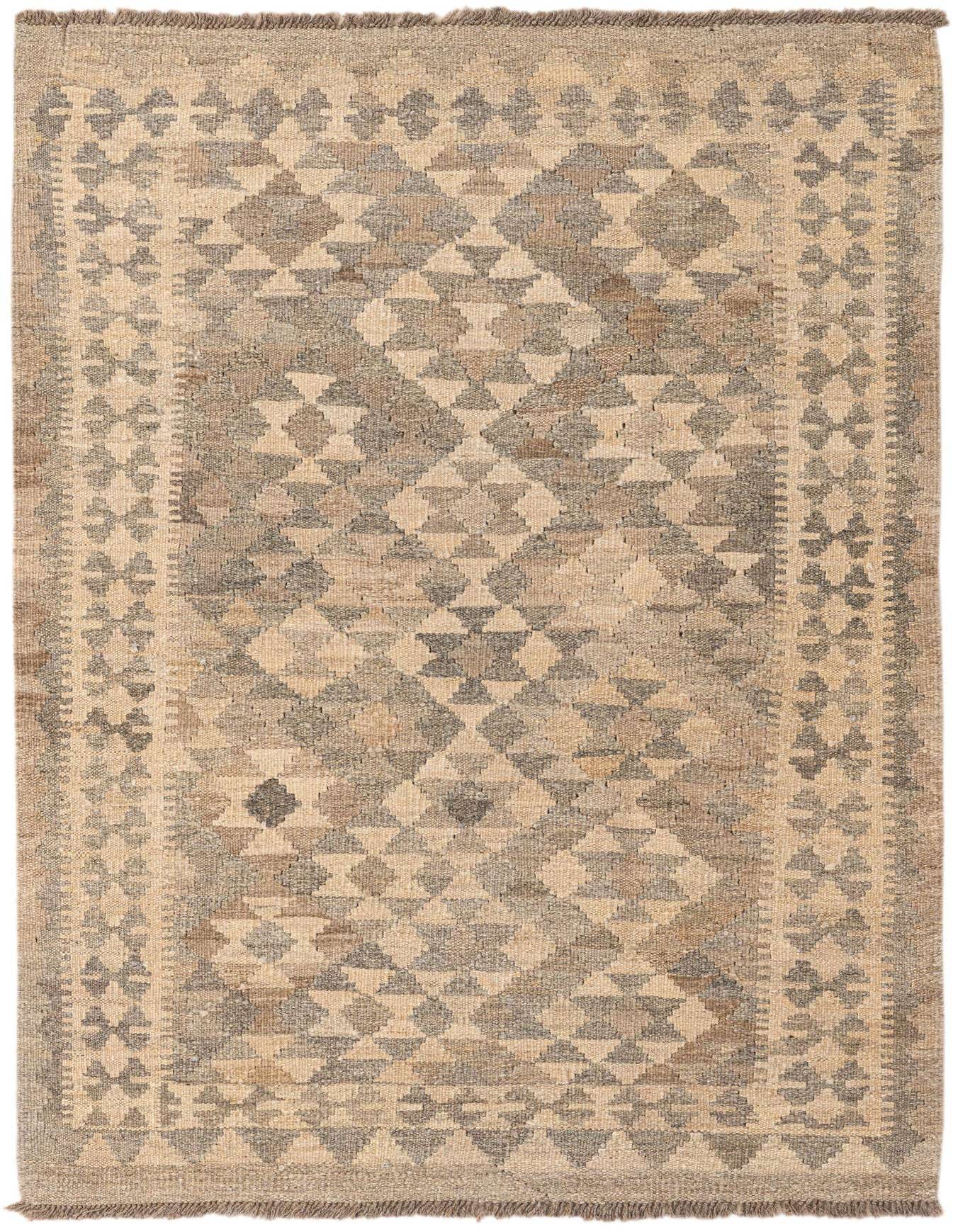 A 3x5 rectangular Kilim Maymana wool rug in shades of brown, tan, and cream, featuring a tribal geometric pattern.
