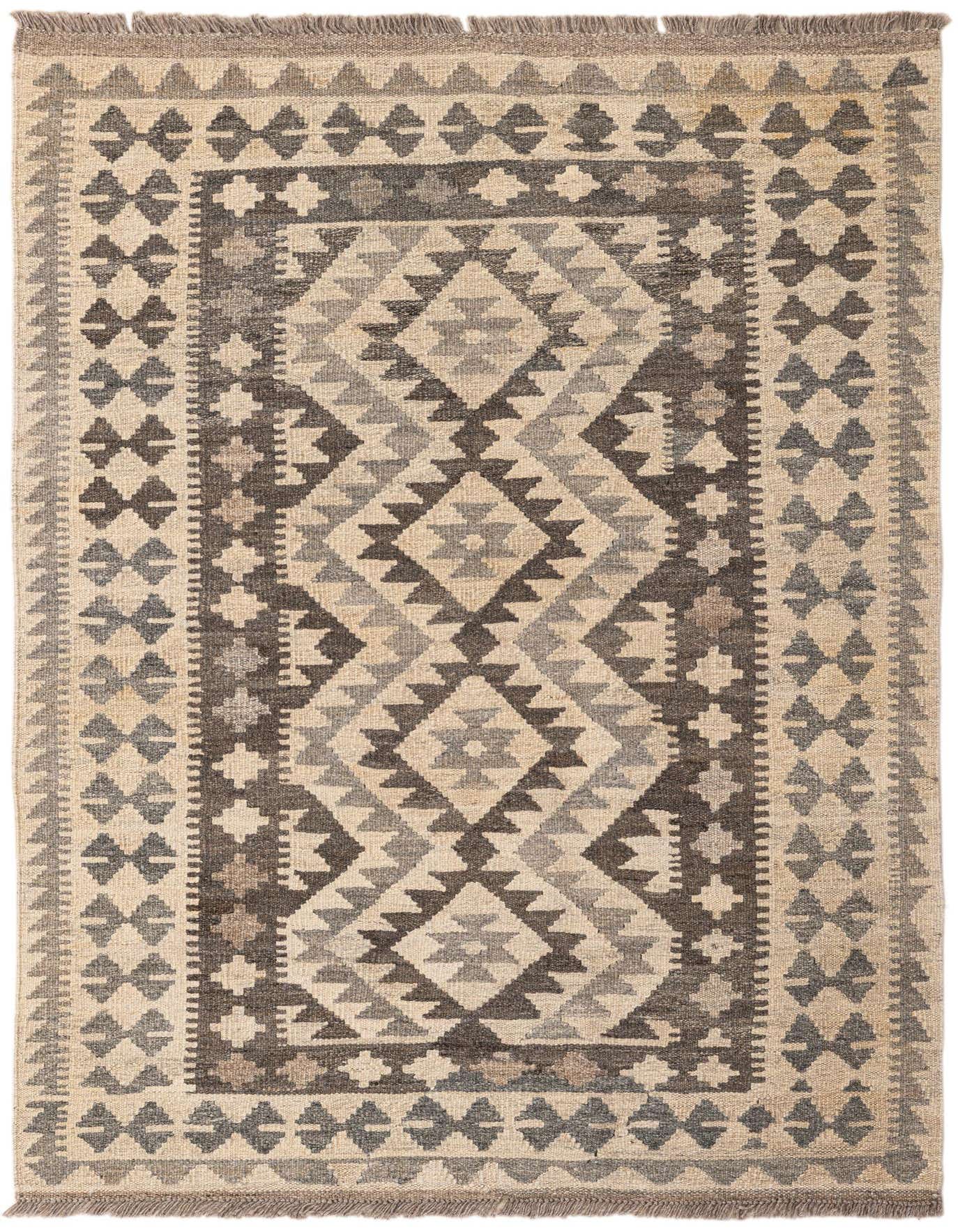 A 3x5 rectangular Kilim Maymana rug featuring a tribal geometric pattern in shades of brown, tan, and ivory.