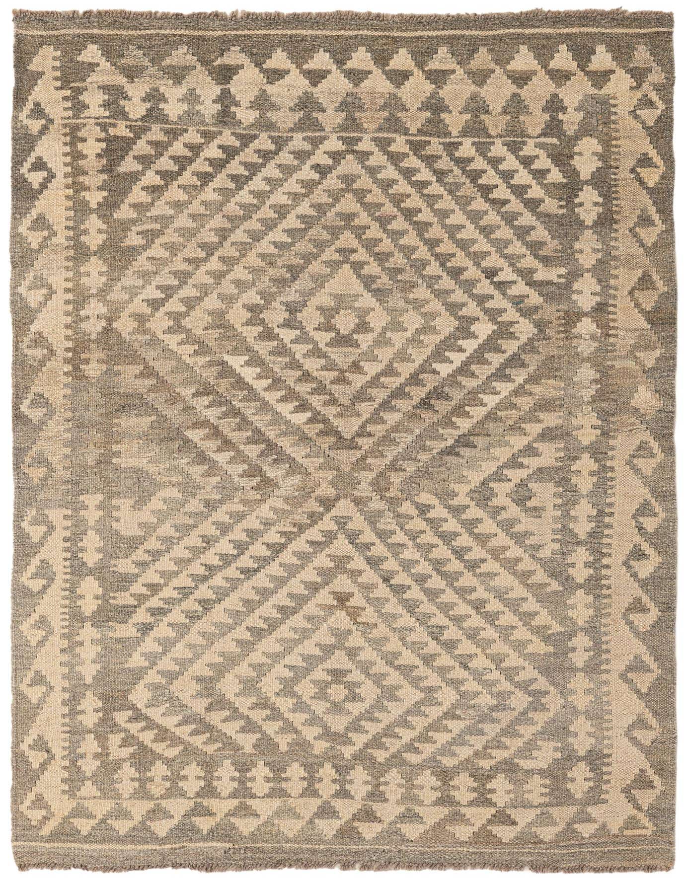 A 3x5 rectangular Kilim Maymana rug featuring a tribal geometric diamond pattern in shades of brown, tan, and cream.