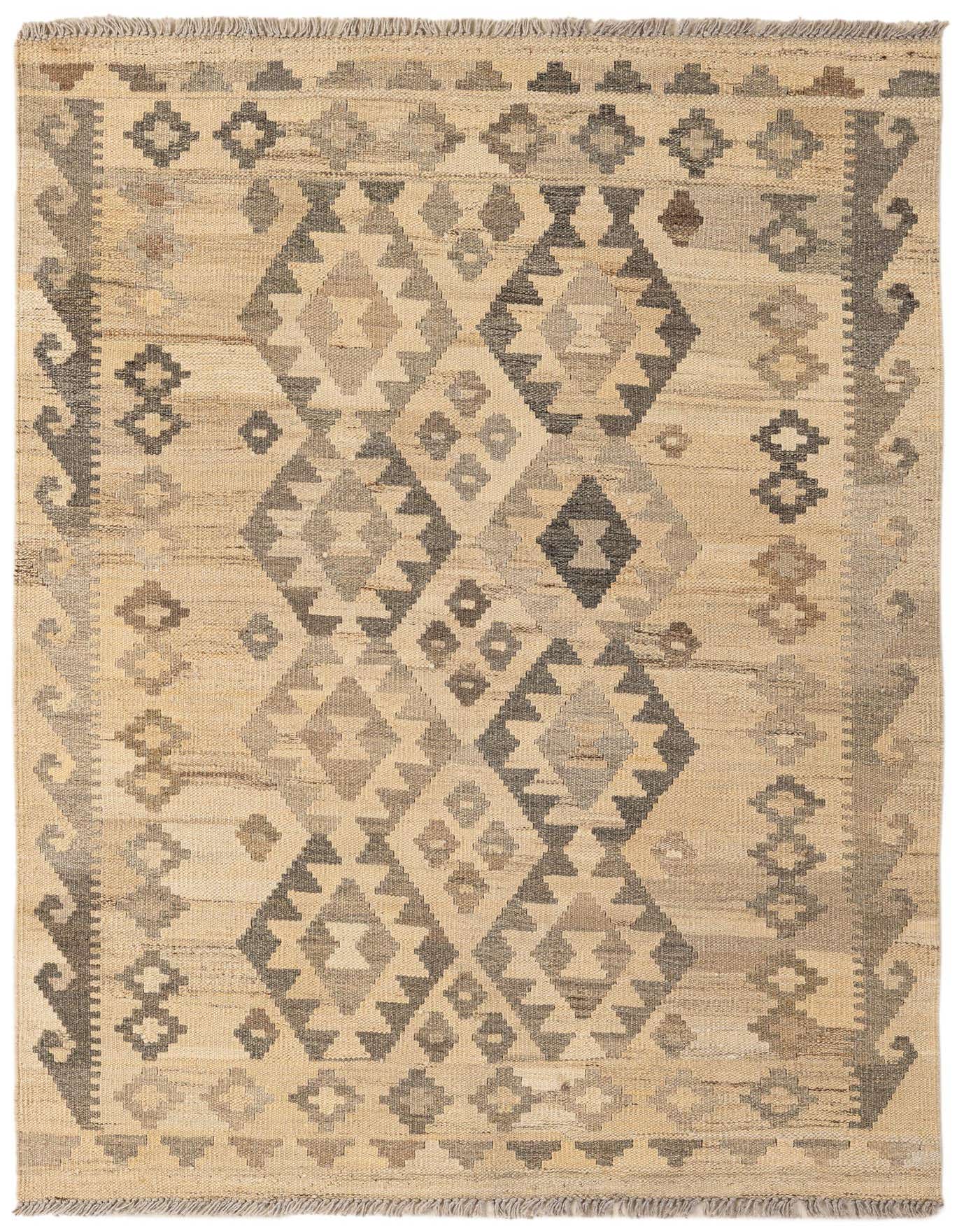 A 3x5 rectangular Kilim Maymana rug featuring a flatweave tribal pattern in shades of brown, tan, and cream.