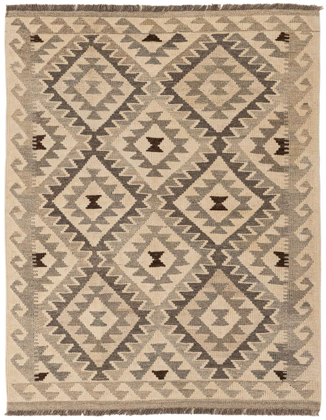 A 3x5 rectangular Kilim Maymana rug featuring a tribal geometric pattern in shades of brown, tan, and ivory.