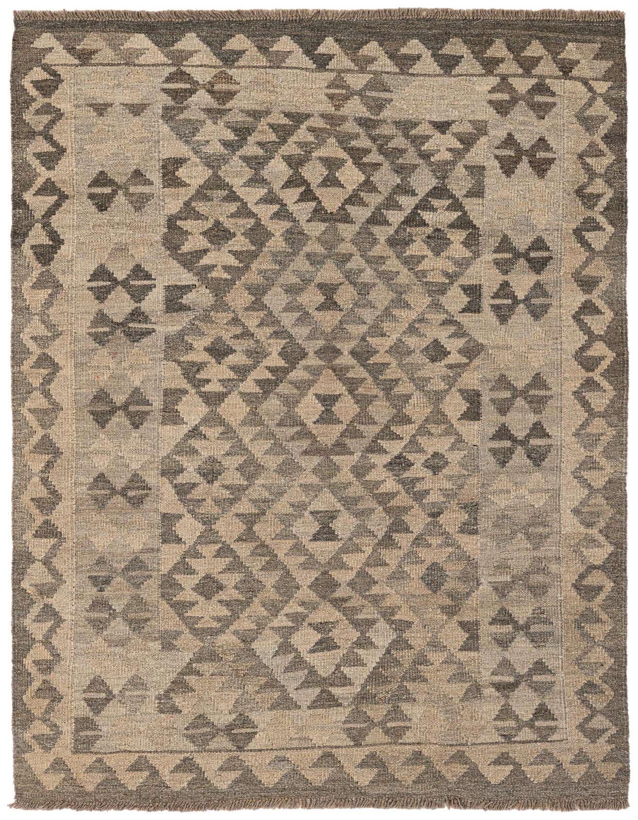 A 3x5 rectangular Kilim Maymana rug featuring a tribal geometric pattern in shades of brown and tan, with a flatweave texture.