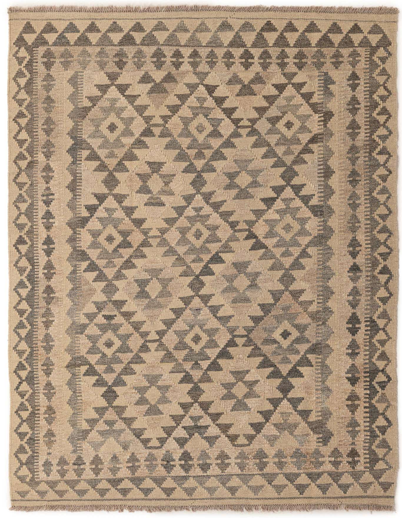 A 4x6 rectangular Kilim Maymana wool rug featuring a tribal geometric pattern in shades of brown, tan, and cream.
