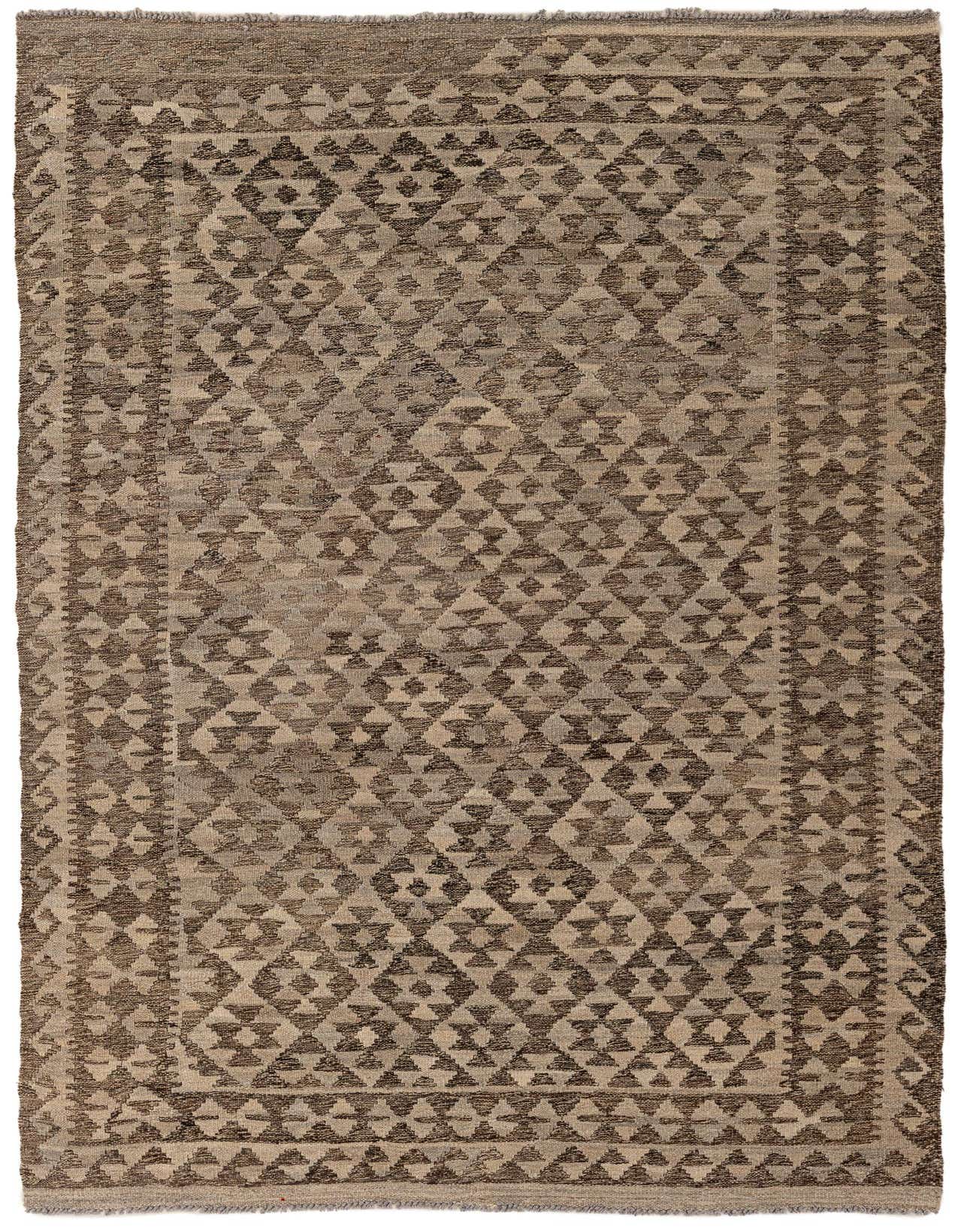 A 4x6 rectangular Kilim Maymana rug featuring a tribal geometric pattern in shades of brown, tan, and cream.
