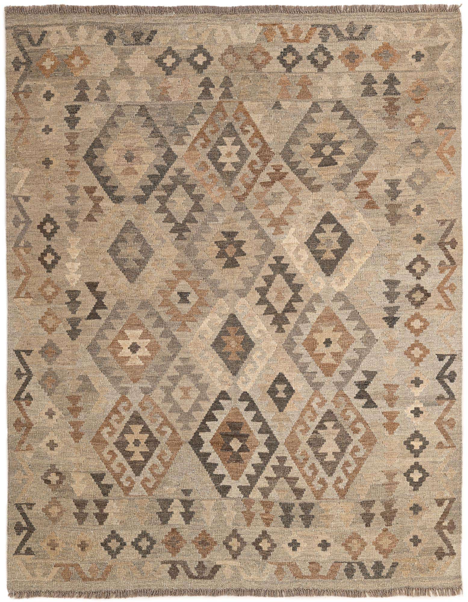 A 5x7 rectangular Kilim Maymana rug featuring a tribal geometric pattern in shades of brown, tan, and cream.