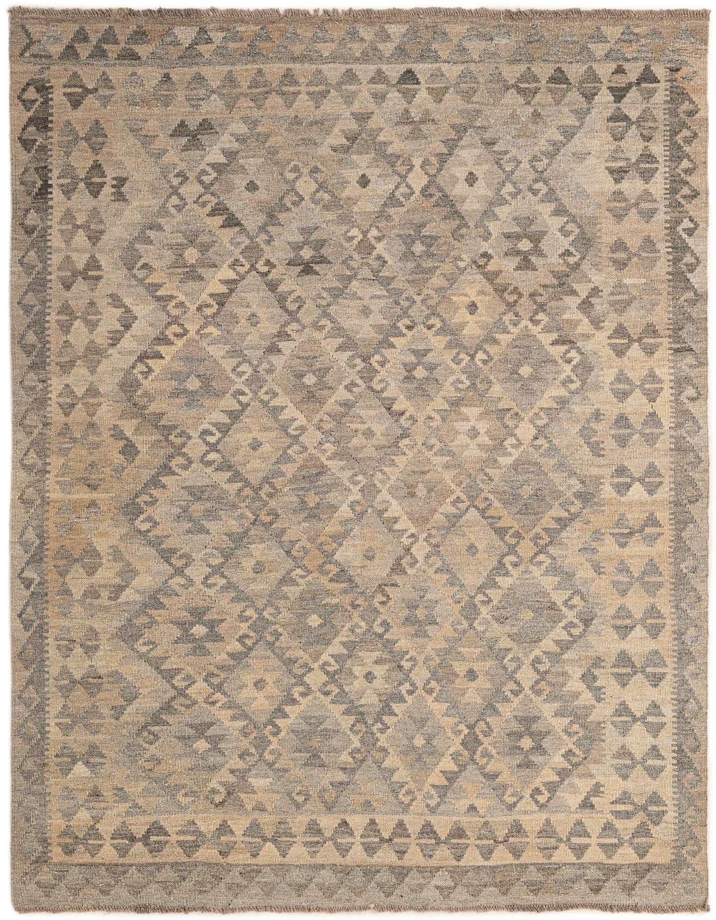 A 5x7 rectangular Kilim Maymana rug with a tribal geometric pattern in shades of brown, tan, and cream.
