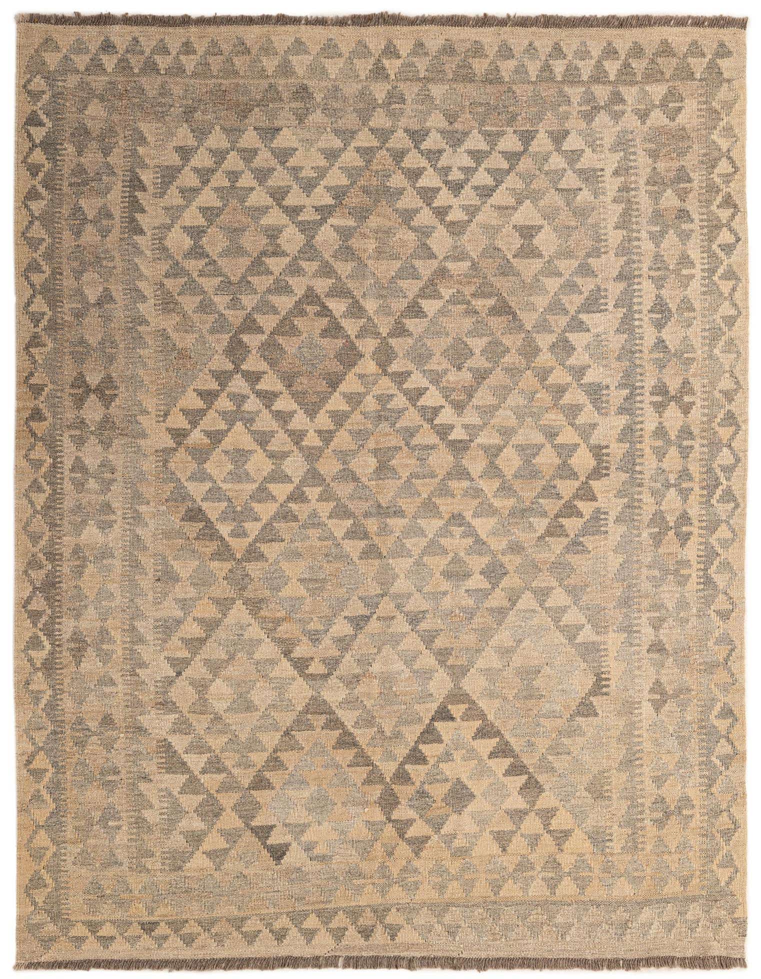 A 5x7 rectangular Kilim Maymana wool rug featuring a tribal geometric pattern in shades of brown, tan, and cream.