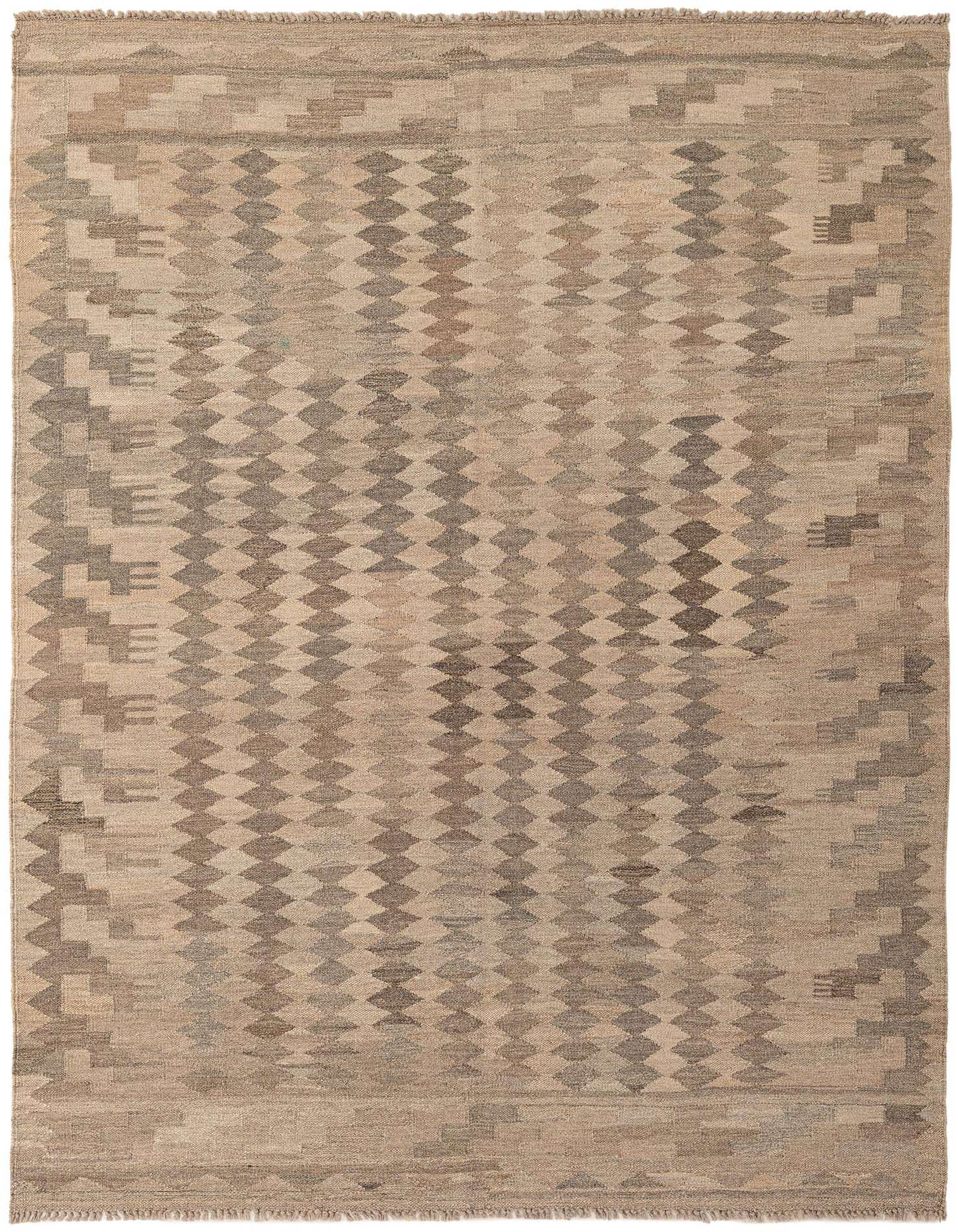 A 5x7 rectangular Kilim Maymana rug featuring a tribal geometric pattern in varying shades of brown, tan, and cream.