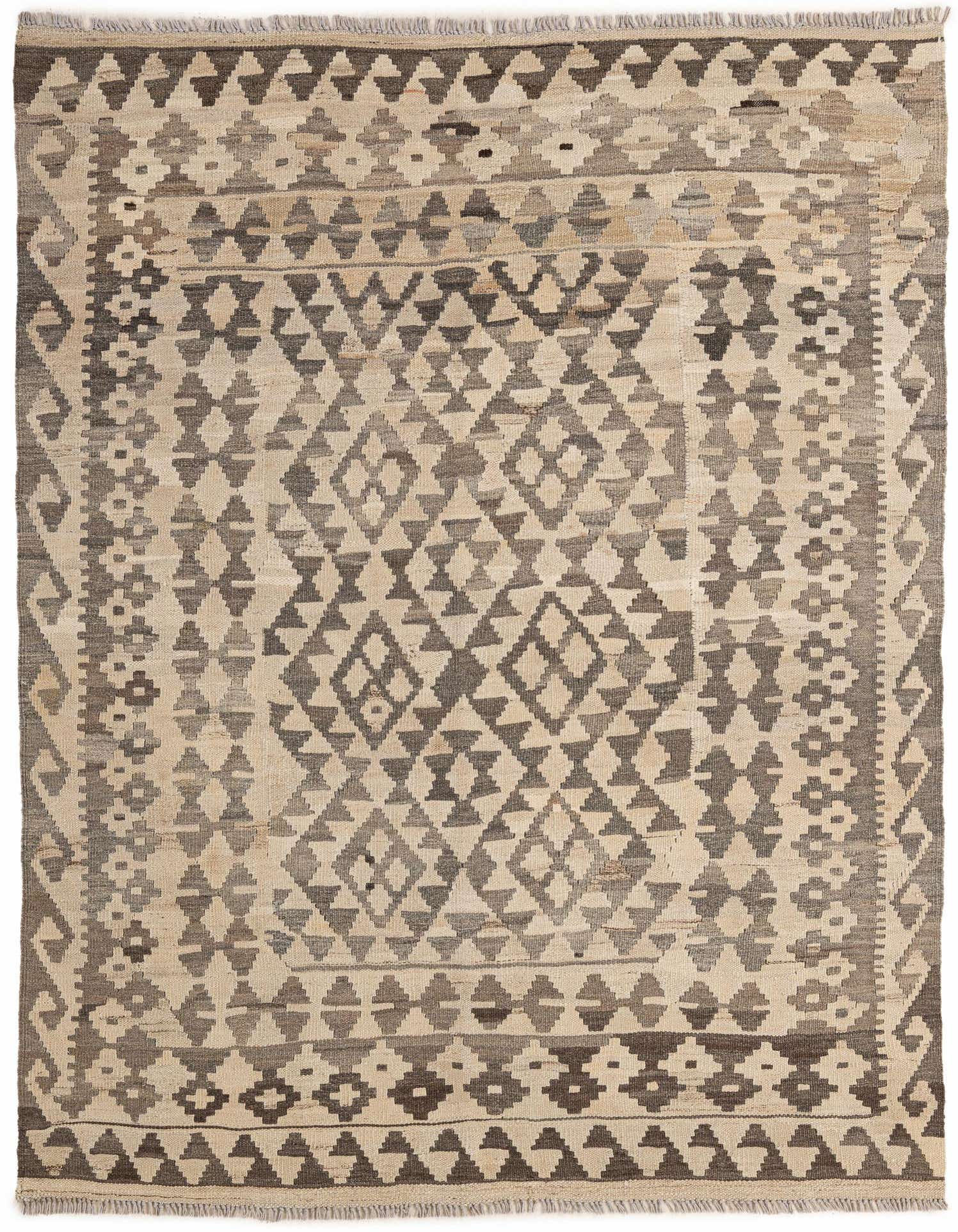 A 5x7 rectangular Kilim Maymana rug featuring a tribal geometric pattern in shades of brown and ivory, with a flatweave texture.