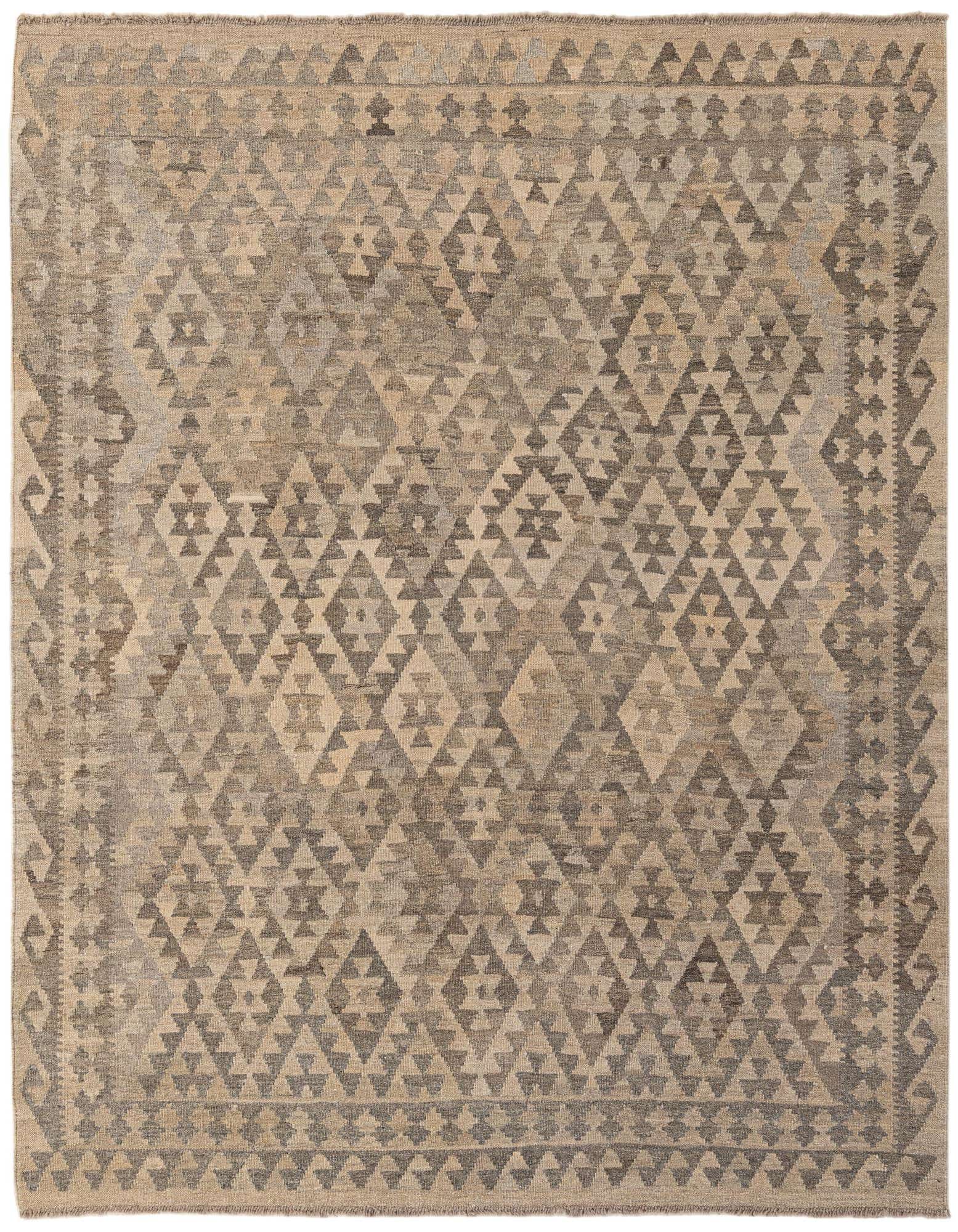 A 5x7 rectangular Kilim Maymana rug featuring a tribal geometric pattern in varying shades of brown, tan, and cream.
