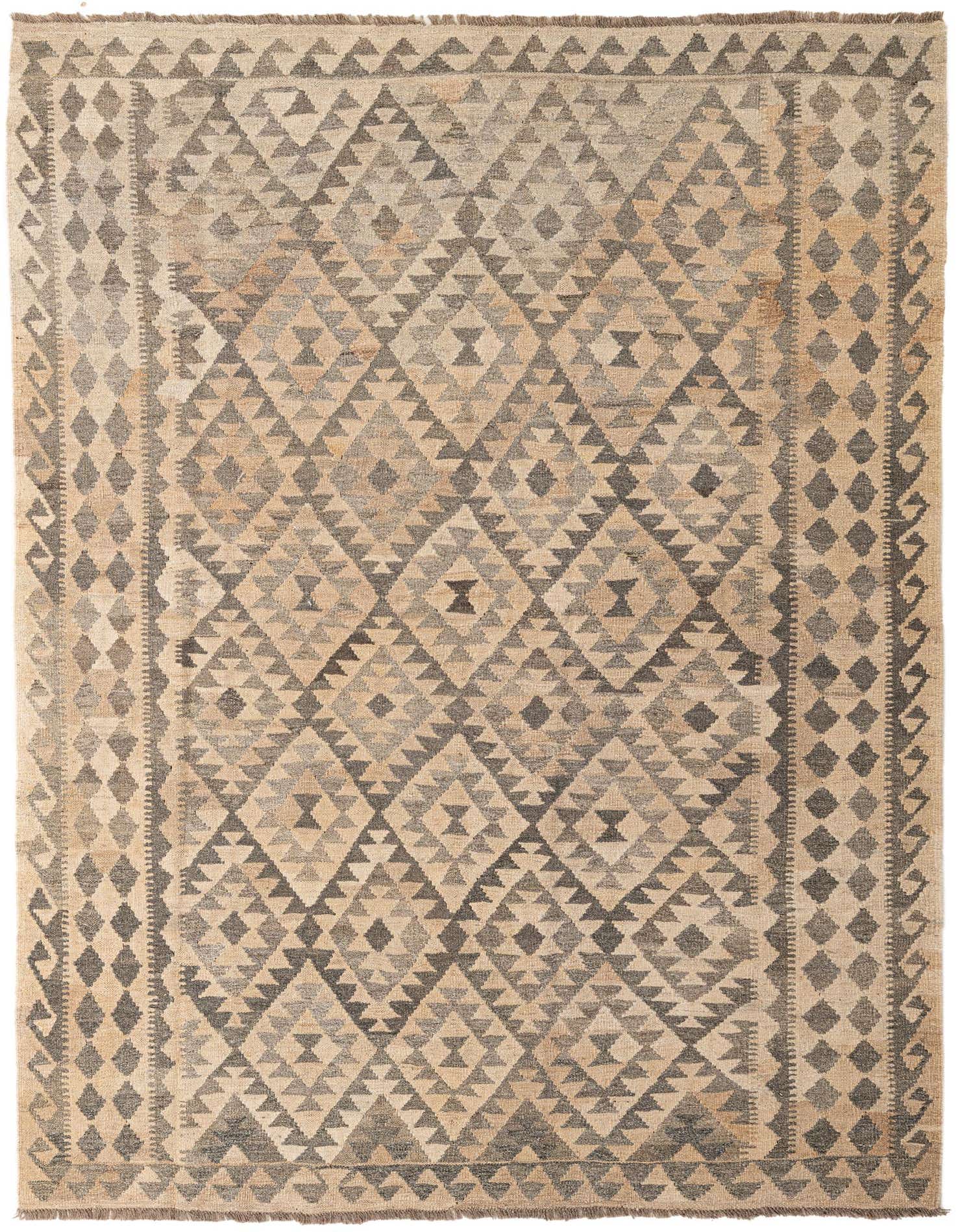 A 5x8 rectangular Kilim Maymana wool rug featuring a tribal geometric pattern in shades of brown, tan, and cream.