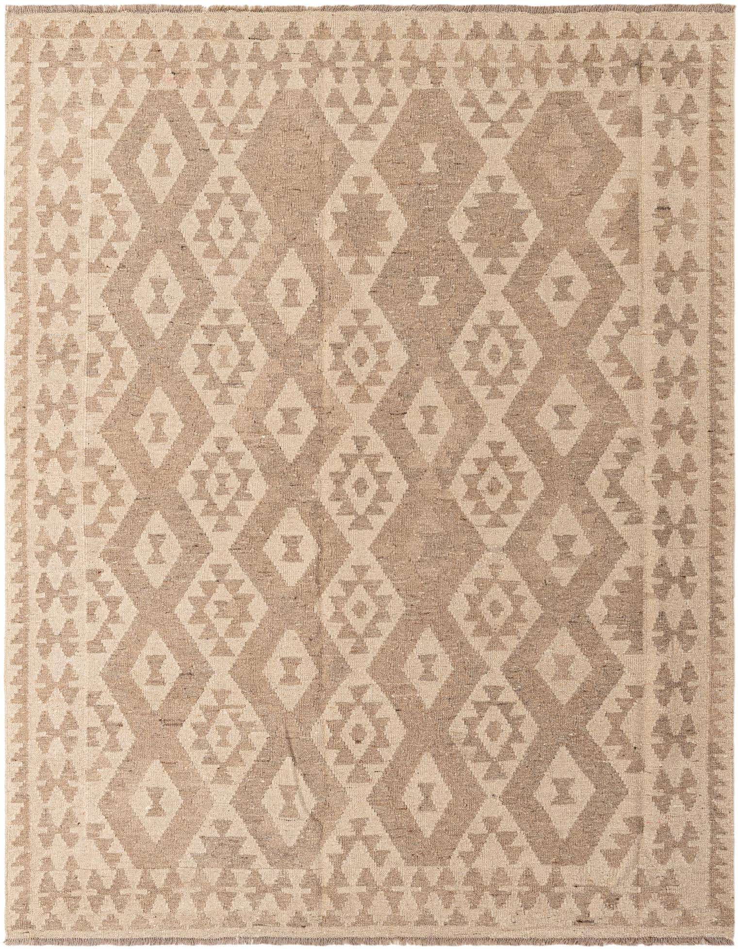 A 6x9 rectangular Kilim Maymana rug featuring a tribal geometric diamond pattern in shades of brown and cream.
