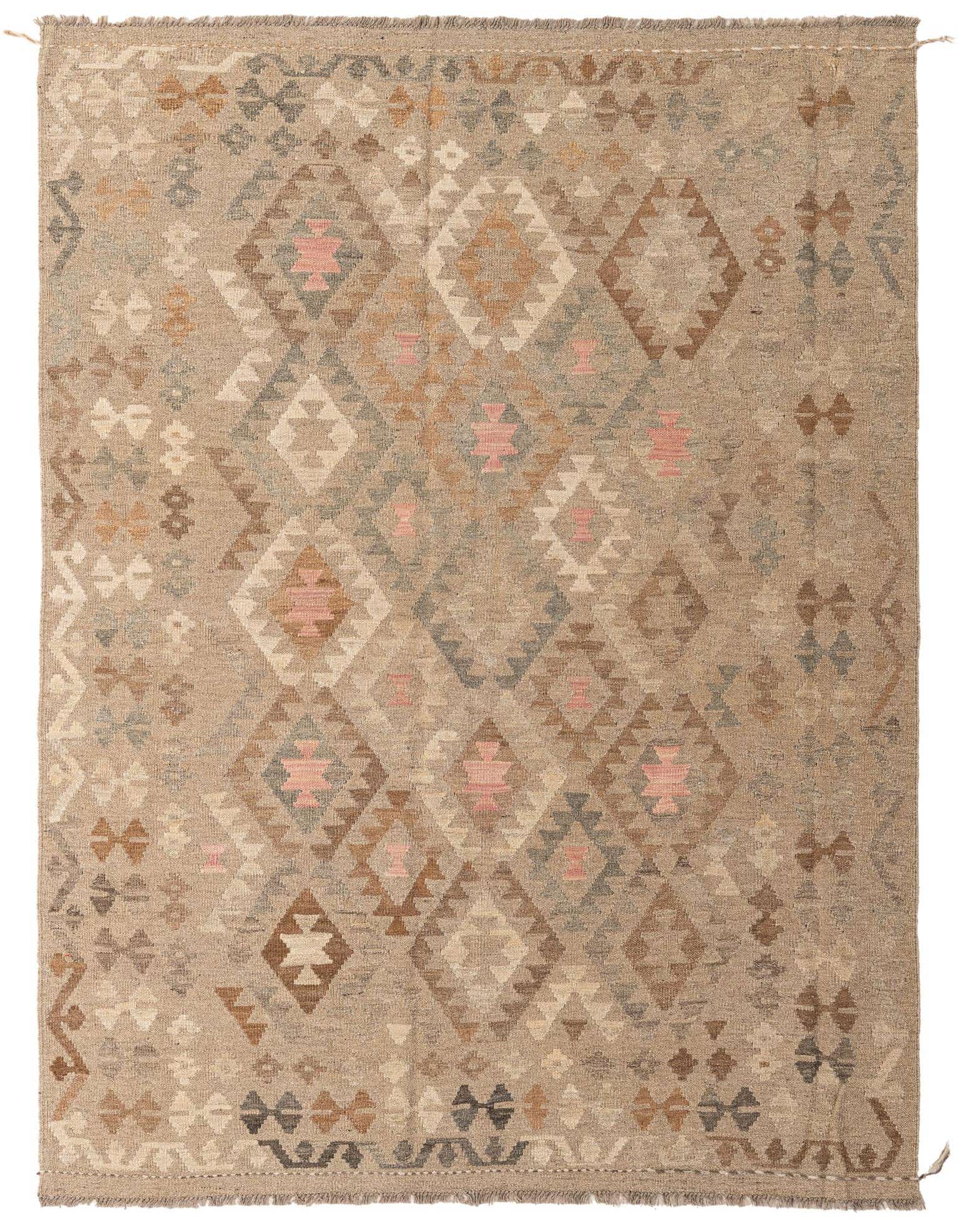 A 6x9 rectangular Kilim Maymana wool rug featuring a tribal geometric pattern in browns, tans, ivories, and subtle pinks.
