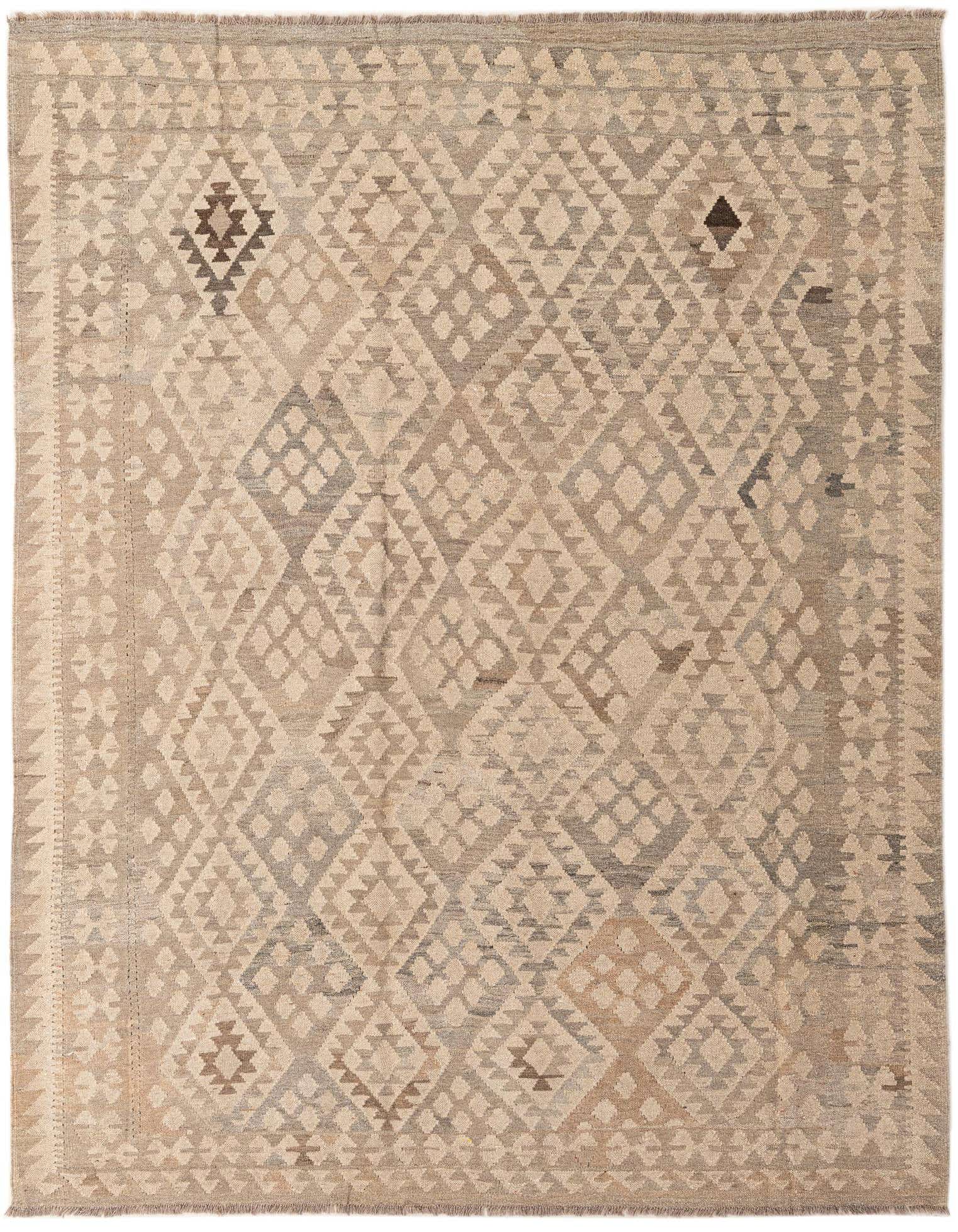 A 6x9 rectangular Kilim Maymana wool rug featuring a tribal geometric diamond pattern in varying shades of brown, tan, and cream.