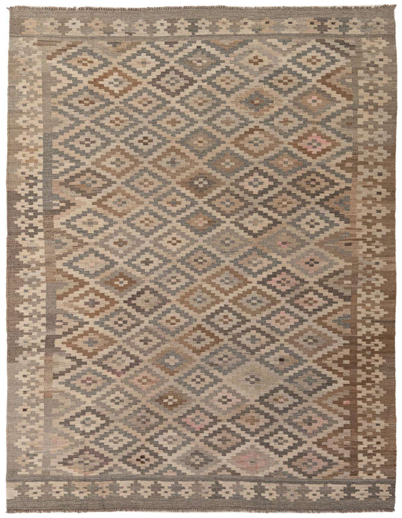 A 6x9 rectangular Kilim Maymana rug featuring a tribal geometric pattern in browns, tans, and ivories, suitable for a living room.
