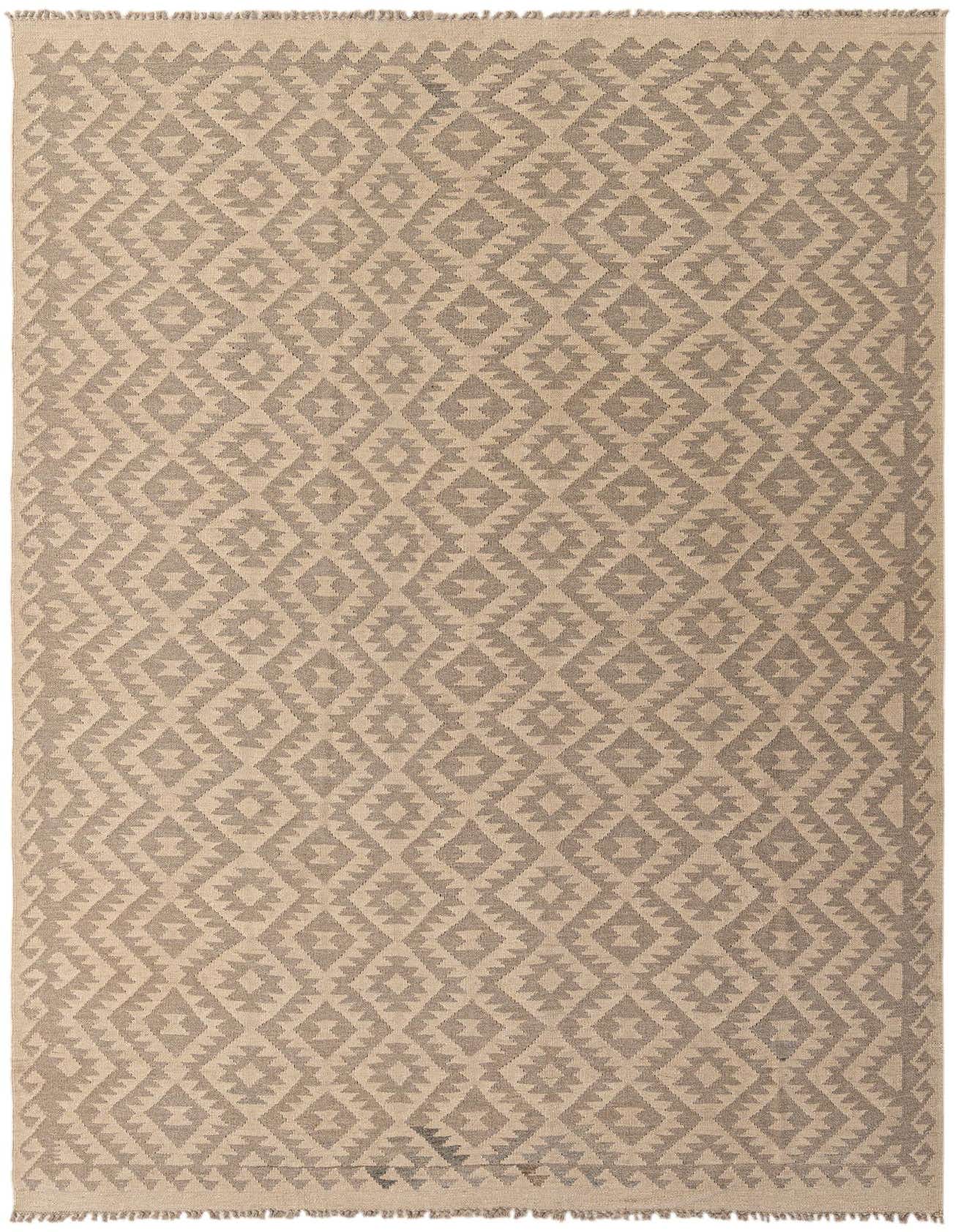 A 6x9 rectangular Kilim Maymana rug featuring a tribal geometric pattern in shades of brown, tan, and cream.