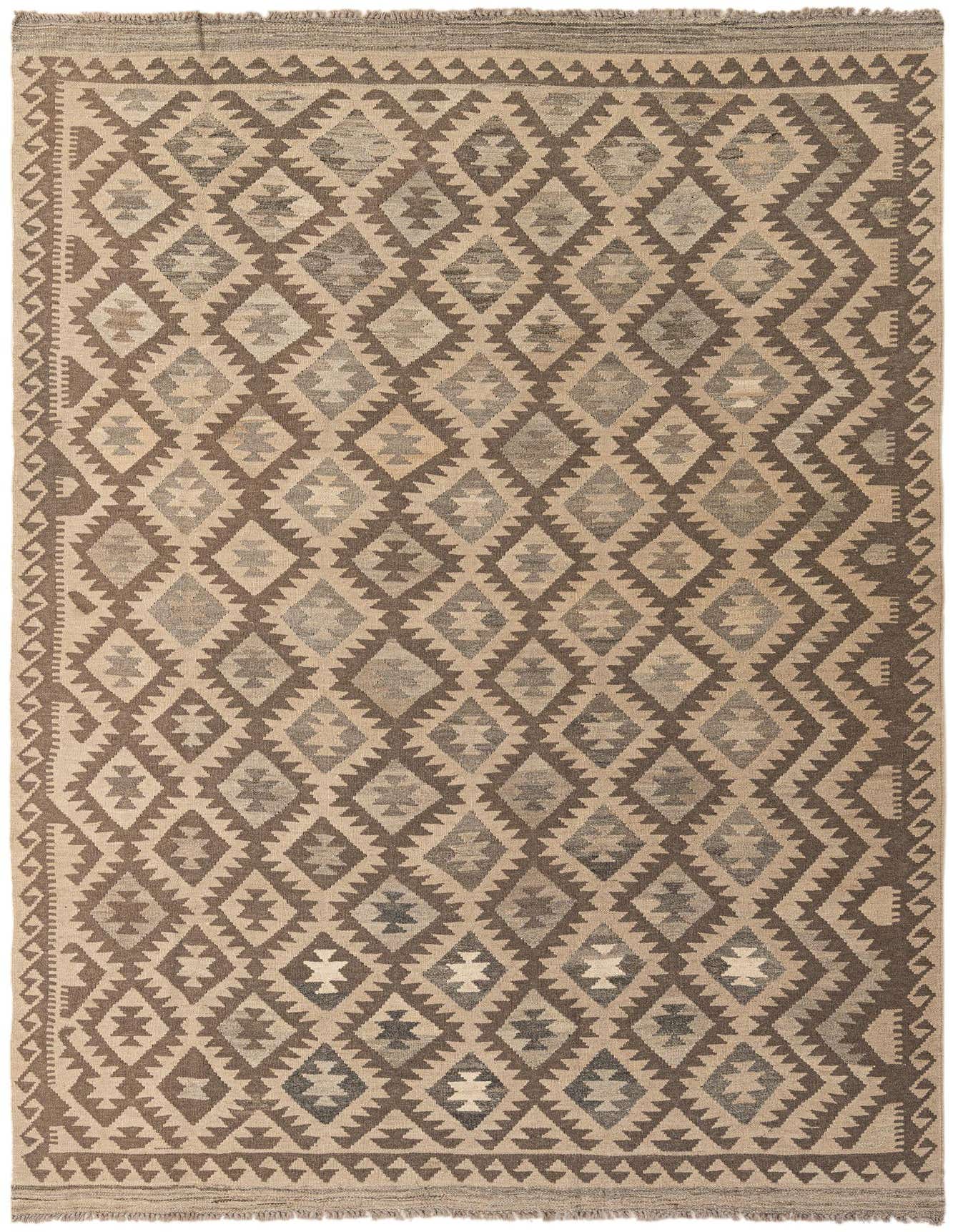 A 6x9 rectangular Kilim Maymana rug featuring a tribal geometric pattern in shades of brown, tan, and ivory.