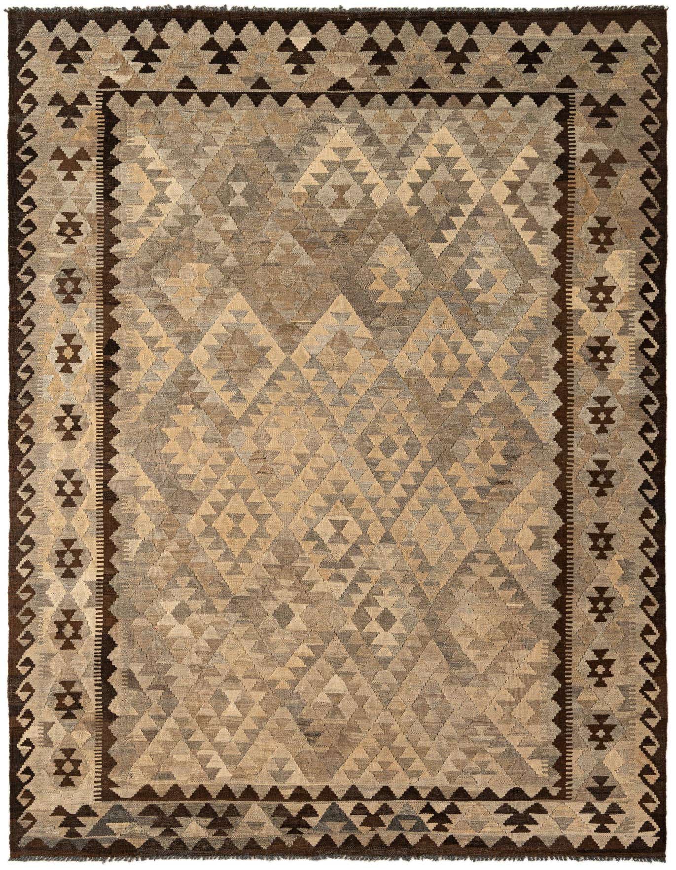 A 6x9 rectangular Kilim Maymana rug featuring a tribal geometric pattern in shades of brown, tan, and cream.