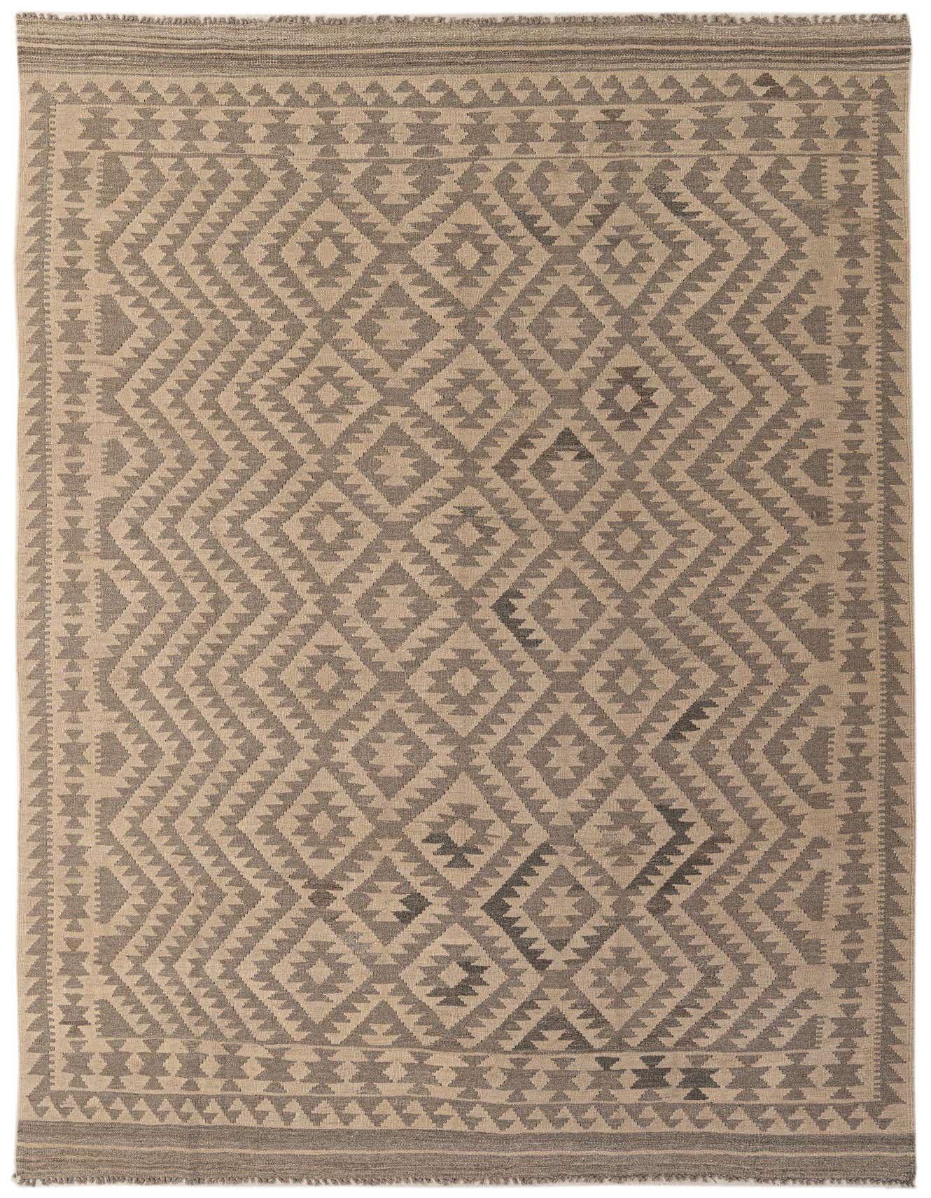 A 7x10 rectangular flatweave Kilim Maymana rug featuring a tribal diamond pattern in shades of brown, tan, and cream.