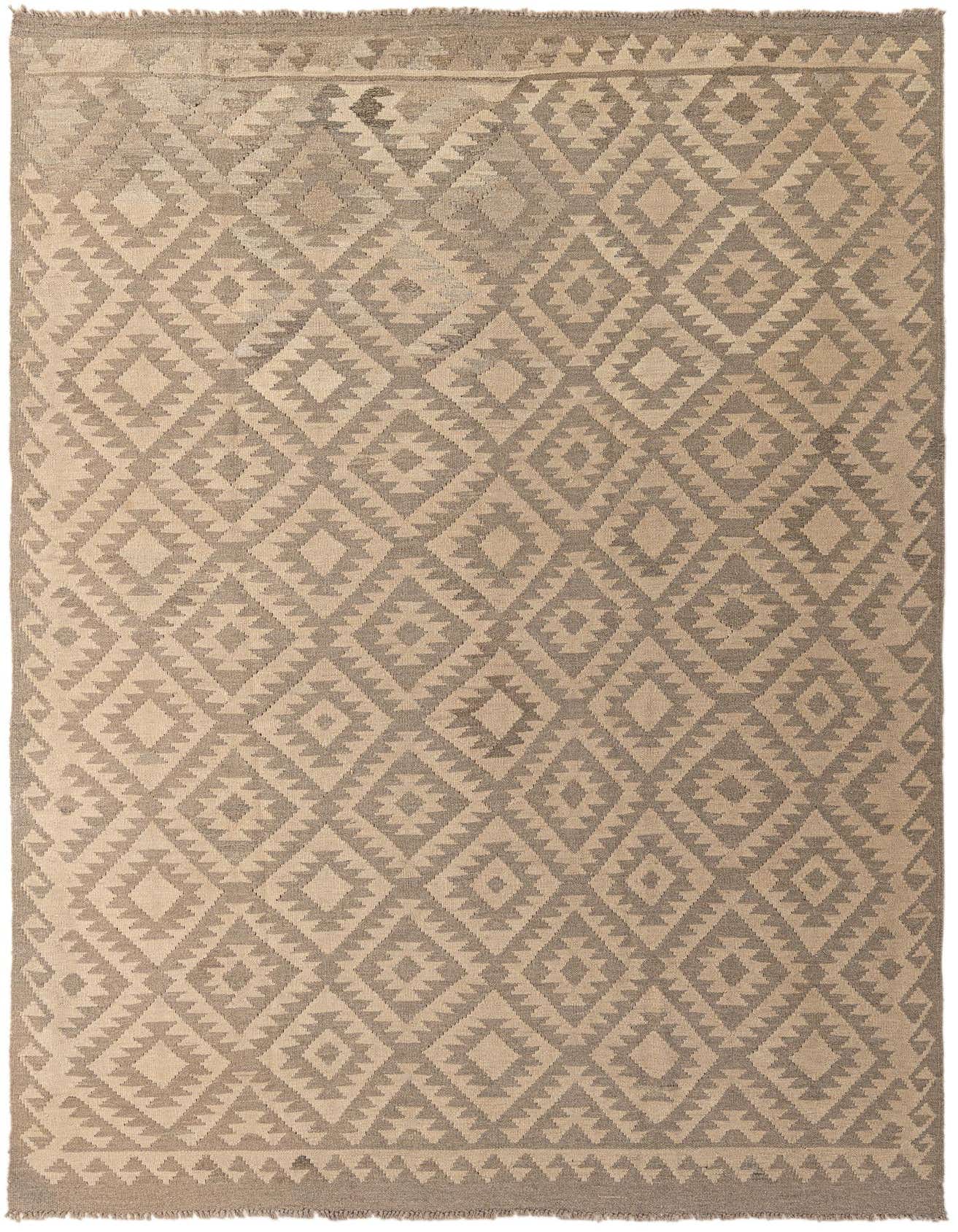 A 6x9 rectangular Kilim Maymana wool rug featuring a tribal geometric diamond pattern in brown and ivory tones.