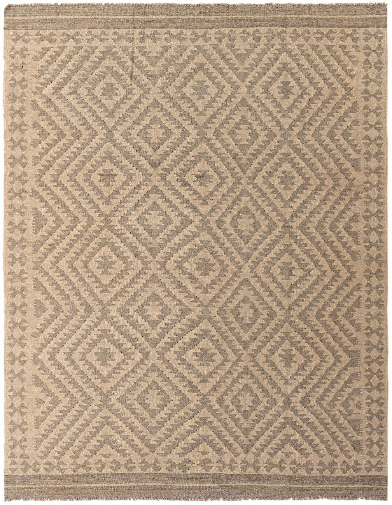 A 7x10 rectangular Kilim Maymana rug featuring a tribal geometric diamond pattern in brown and tan tones.