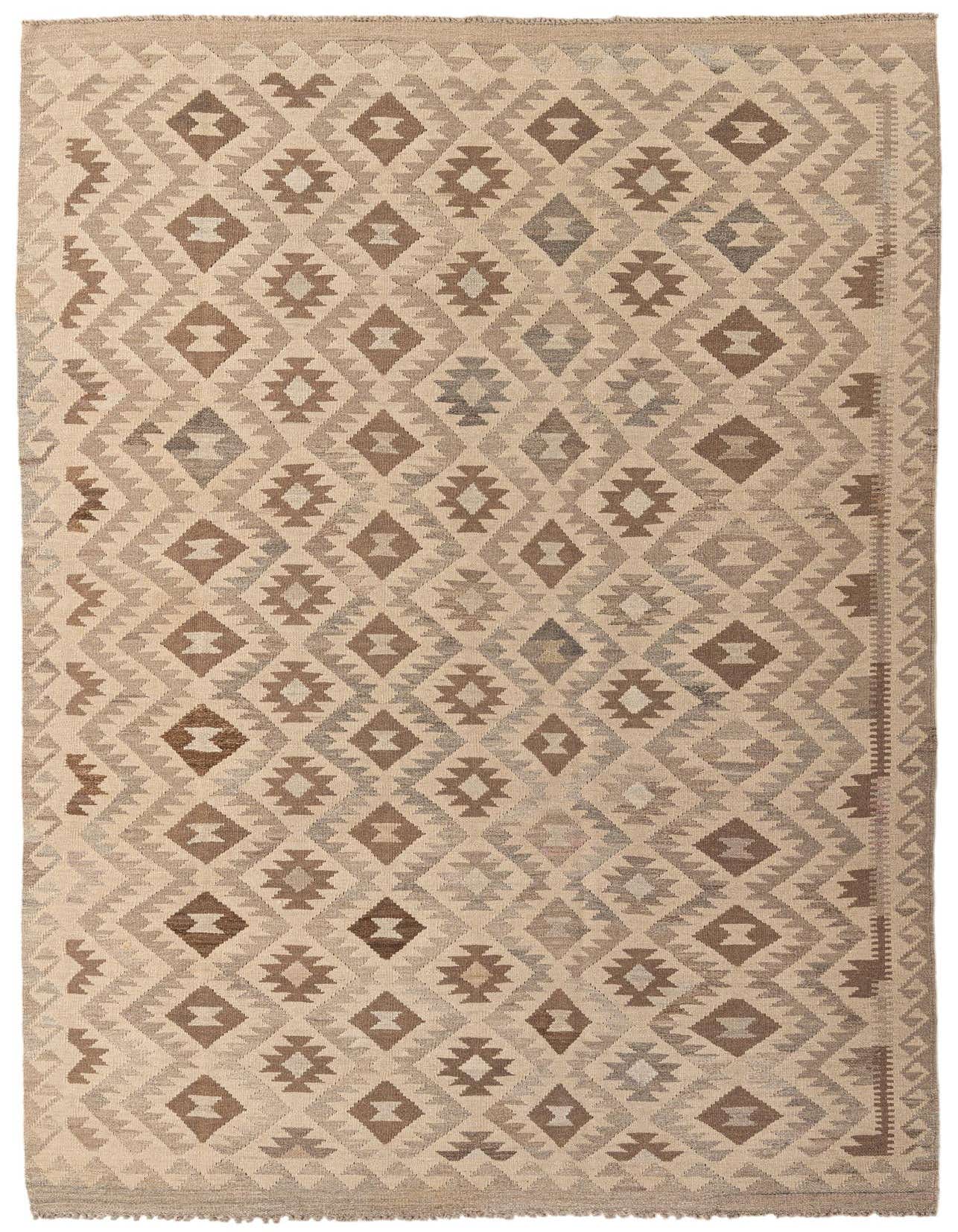 A 7x10 rectangular Kilim Maymana rug featuring a tribal geometric pattern in shades of brown, tan, and cream.