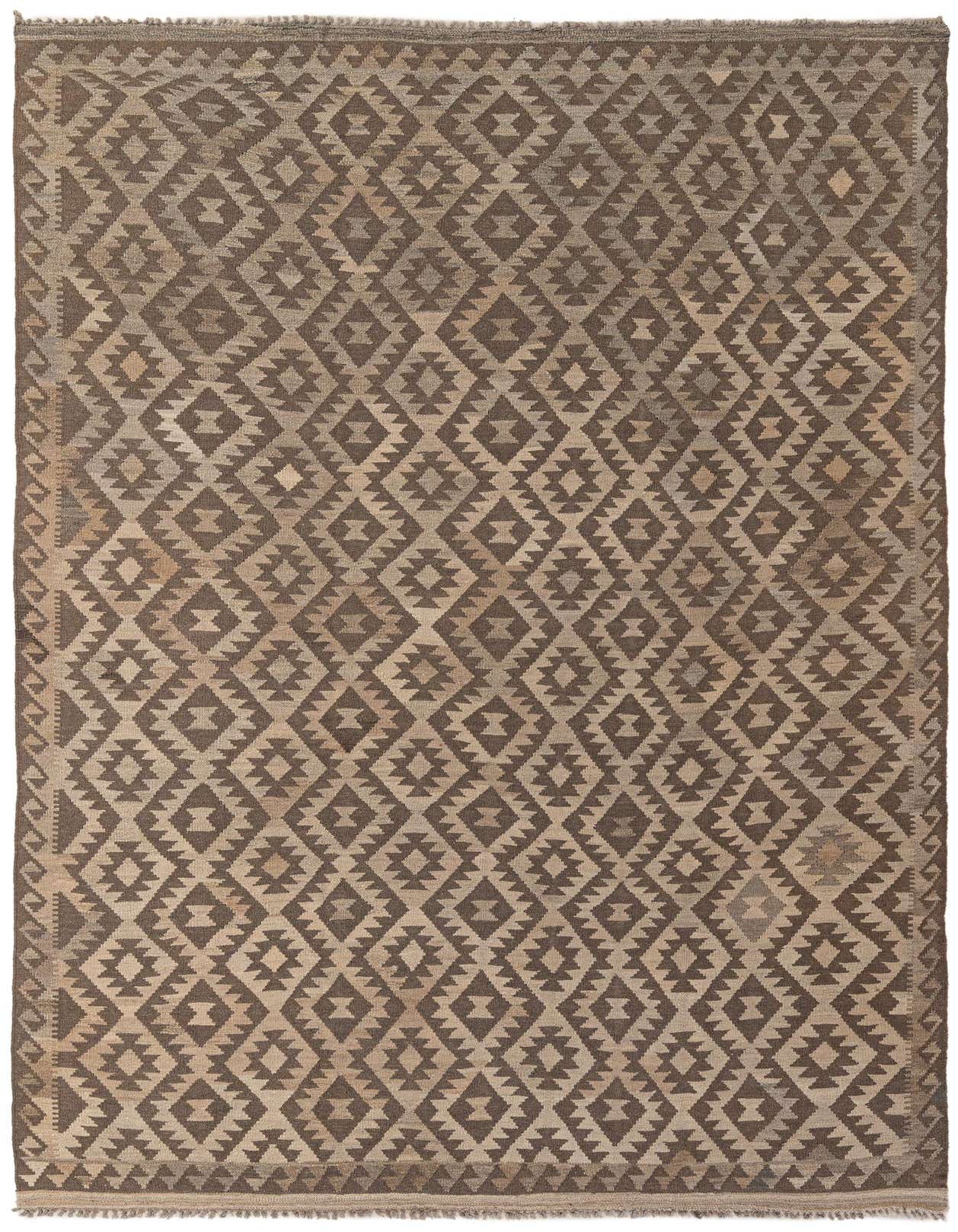 A 7x10 rectangular Kilim Maymana rug featuring a tribal geometric diamond pattern in varying shades of brown and tan.