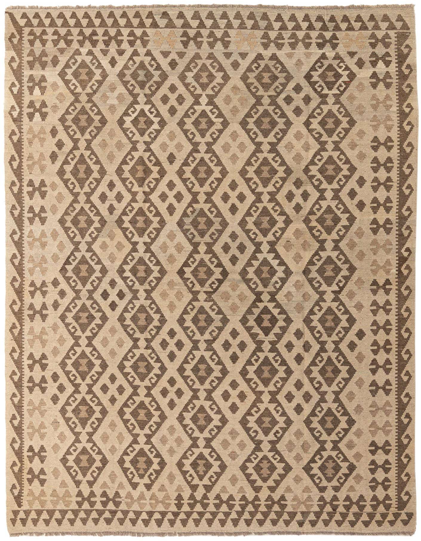 A 7x10 rectangular Kilim Maymana rug featuring a tribal geometric pattern in shades of brown, tan, and cream.