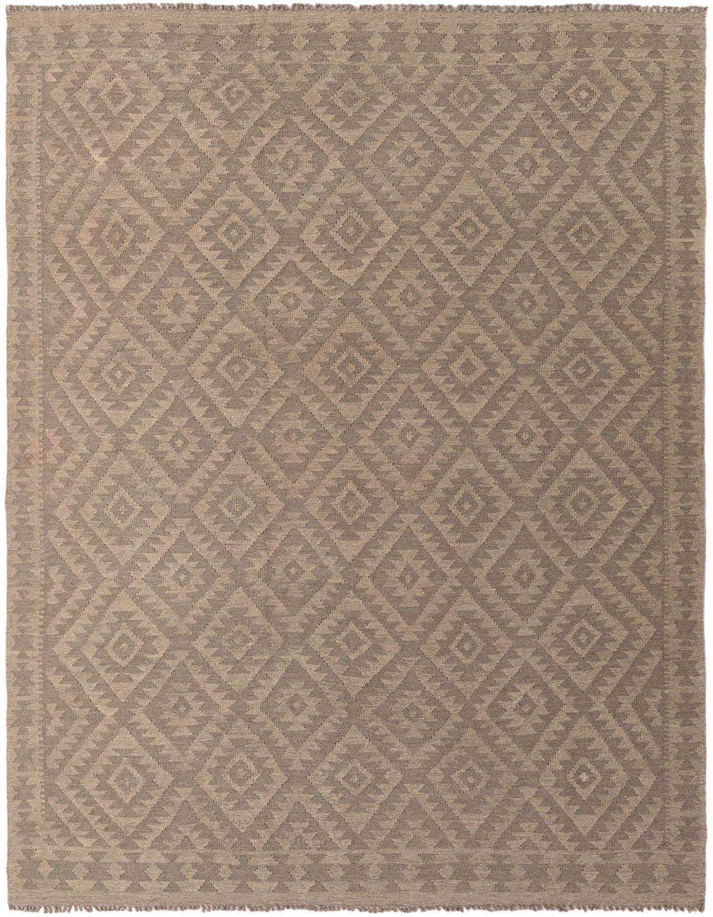A 7x10 rectangular flatweave Kilim Maymana rug featuring a tribal diamond pattern in shades of brown, tan, and cream.