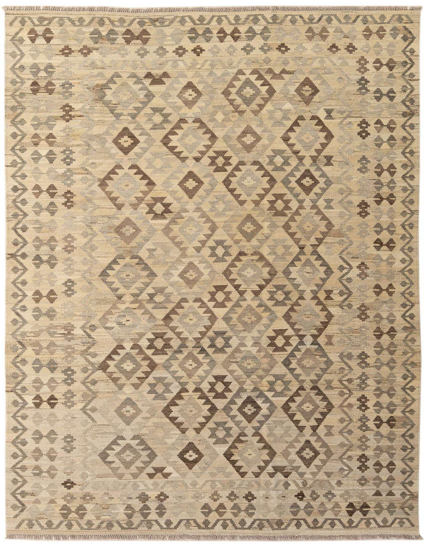 A 7x10 rectangular Kilim Maymana wool rug featuring a tribal geometric pattern in shades of brown, tan, and cream.