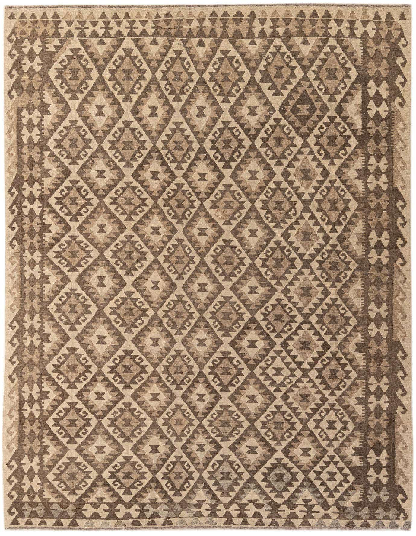 A 7x10 rectangular Kilim Maymana rug featuring a tribal geometric diamond pattern in varying shades of brown, tan, and cream.