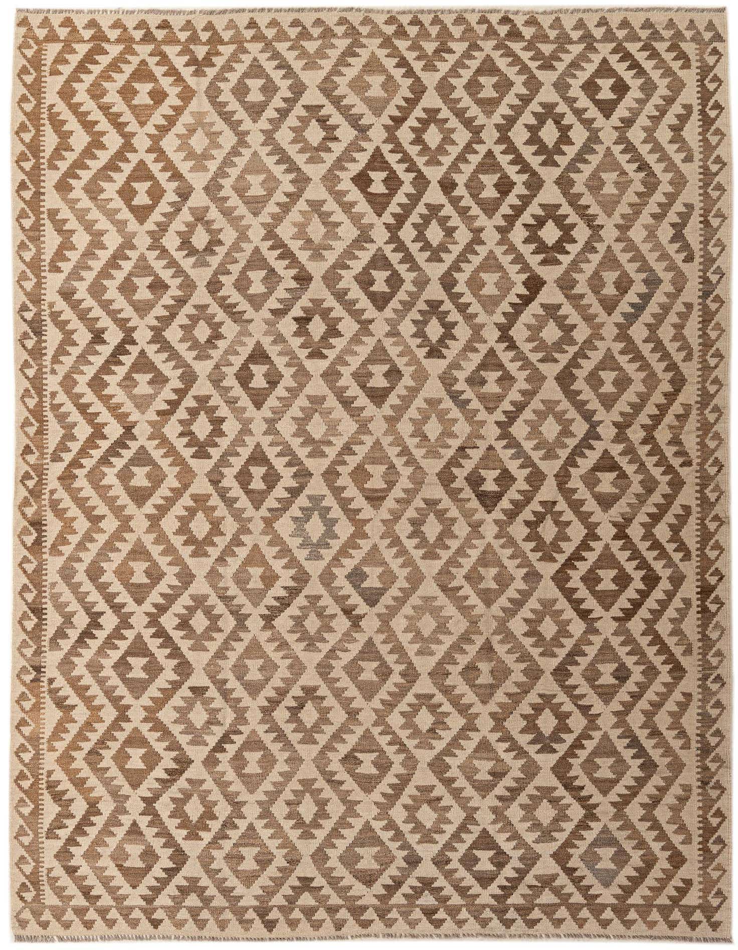 A 7x10 rectangular Kilim Maymana rug featuring a tribal geometric diamond pattern in varying shades of brown and tan.