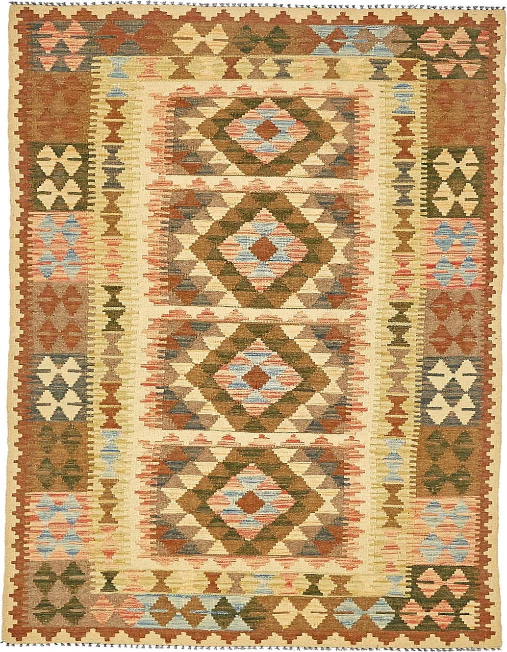 A 4x6 rectangular Kilim Maymana rug featuring Southwestern and Tribal patterns in browns, tans, ivories, creams, and subtle blues and pinks.