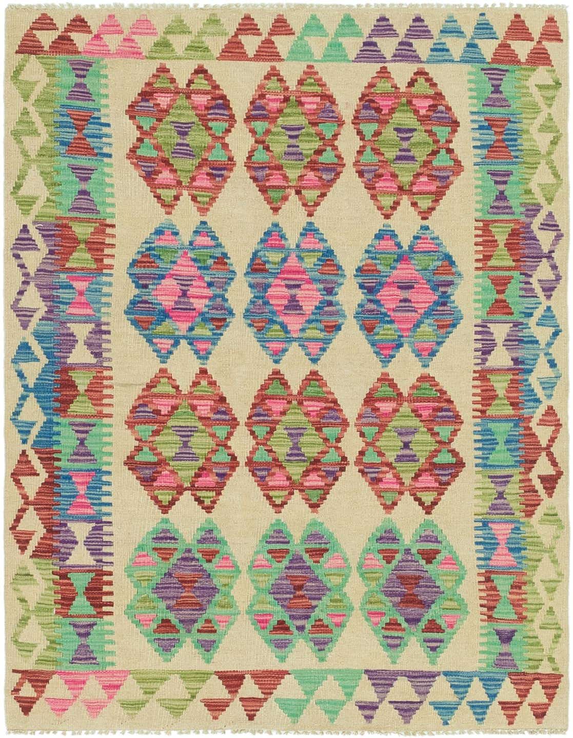 A 3x5 rectangular Kilim Maymana rug with a cream background, featuring colorful tribal geometric patterns in pink, blue, green, and purple.