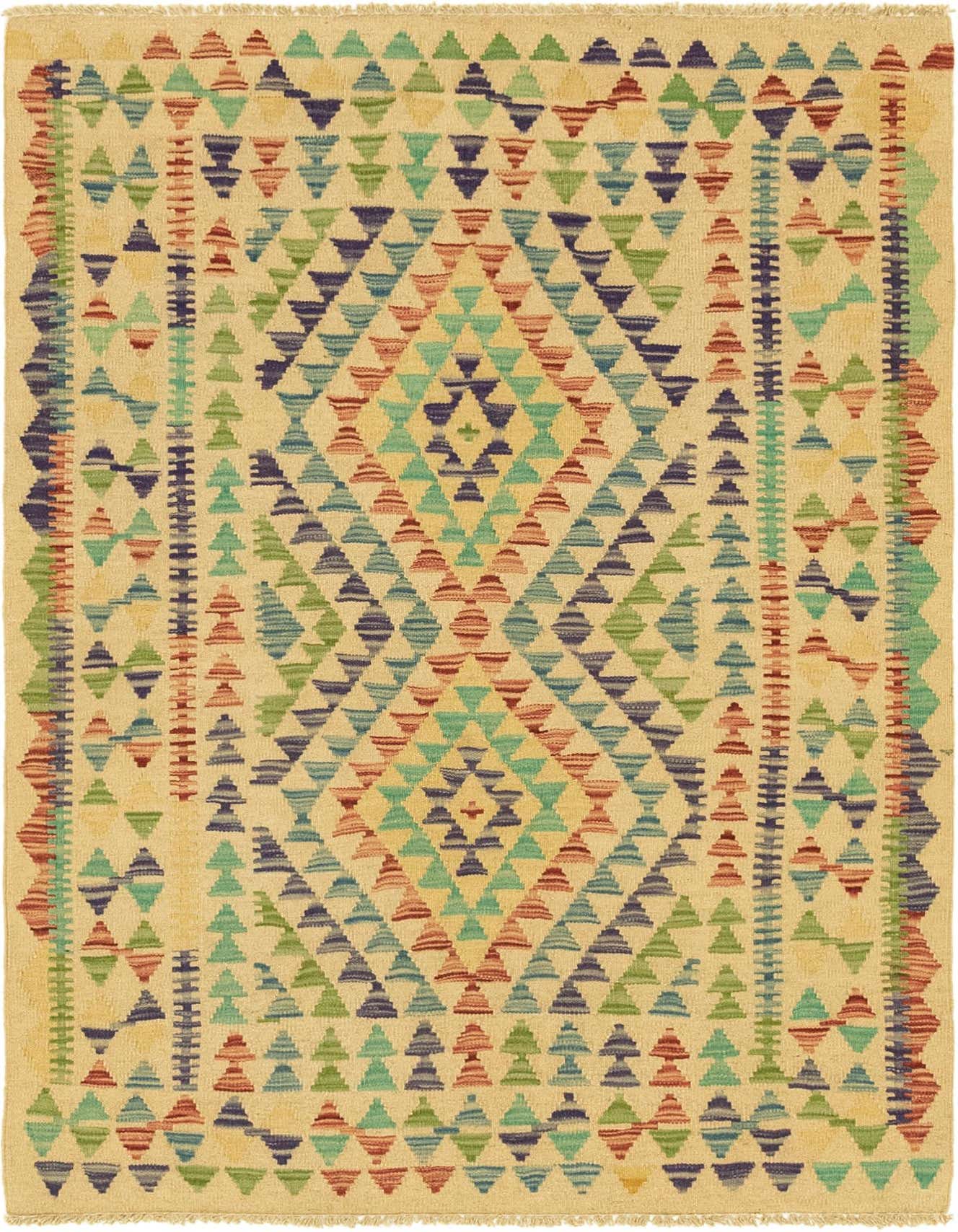 A 3x5 rectangular Kilim Maymana rug with a Southwestern tribal pattern in browns, tans, ivories, and creams.