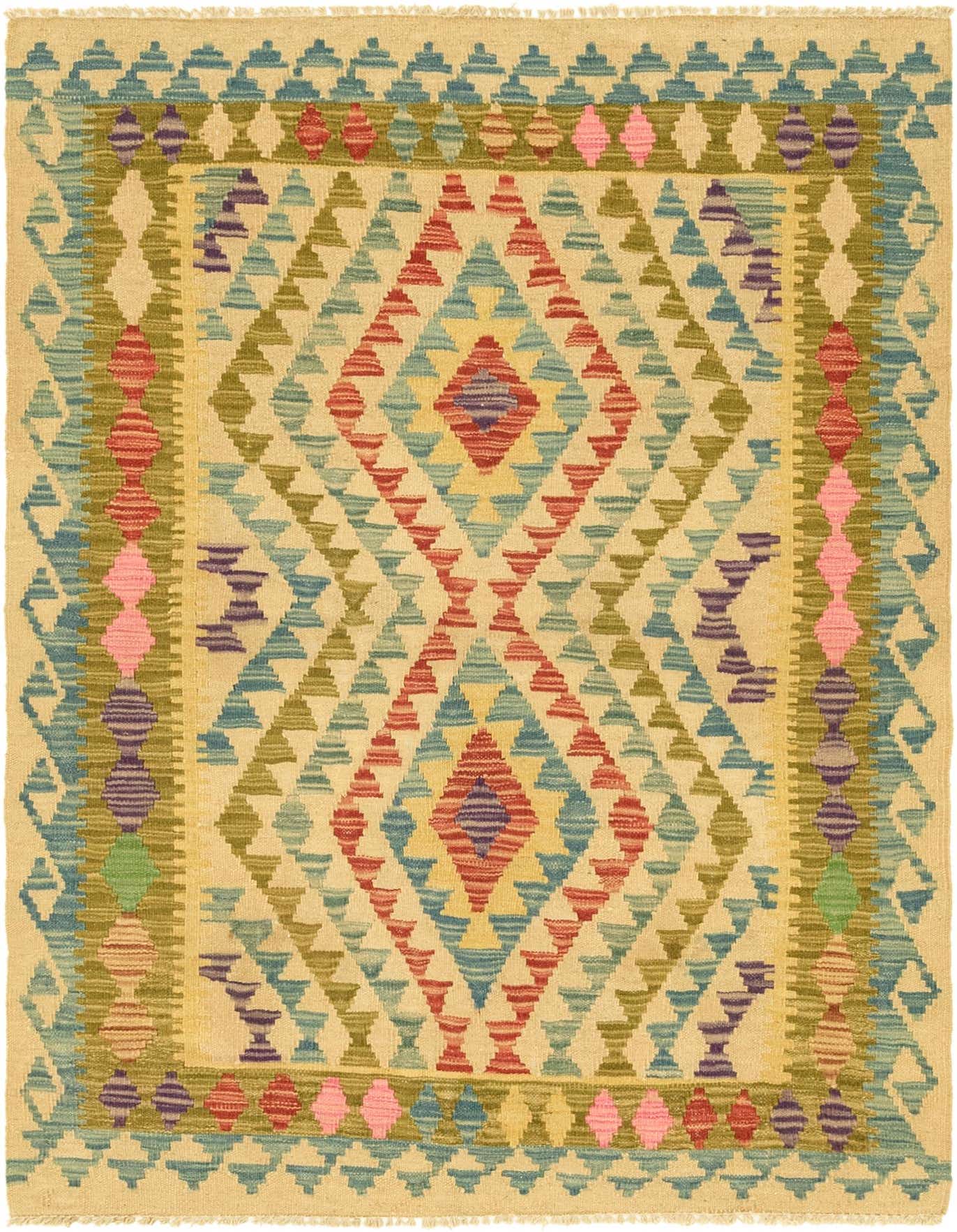 A 3x5 rectangular Kilim Maymana rug with a Southwestern tribal pattern in browns, tans, ivories, and muted accent colors.