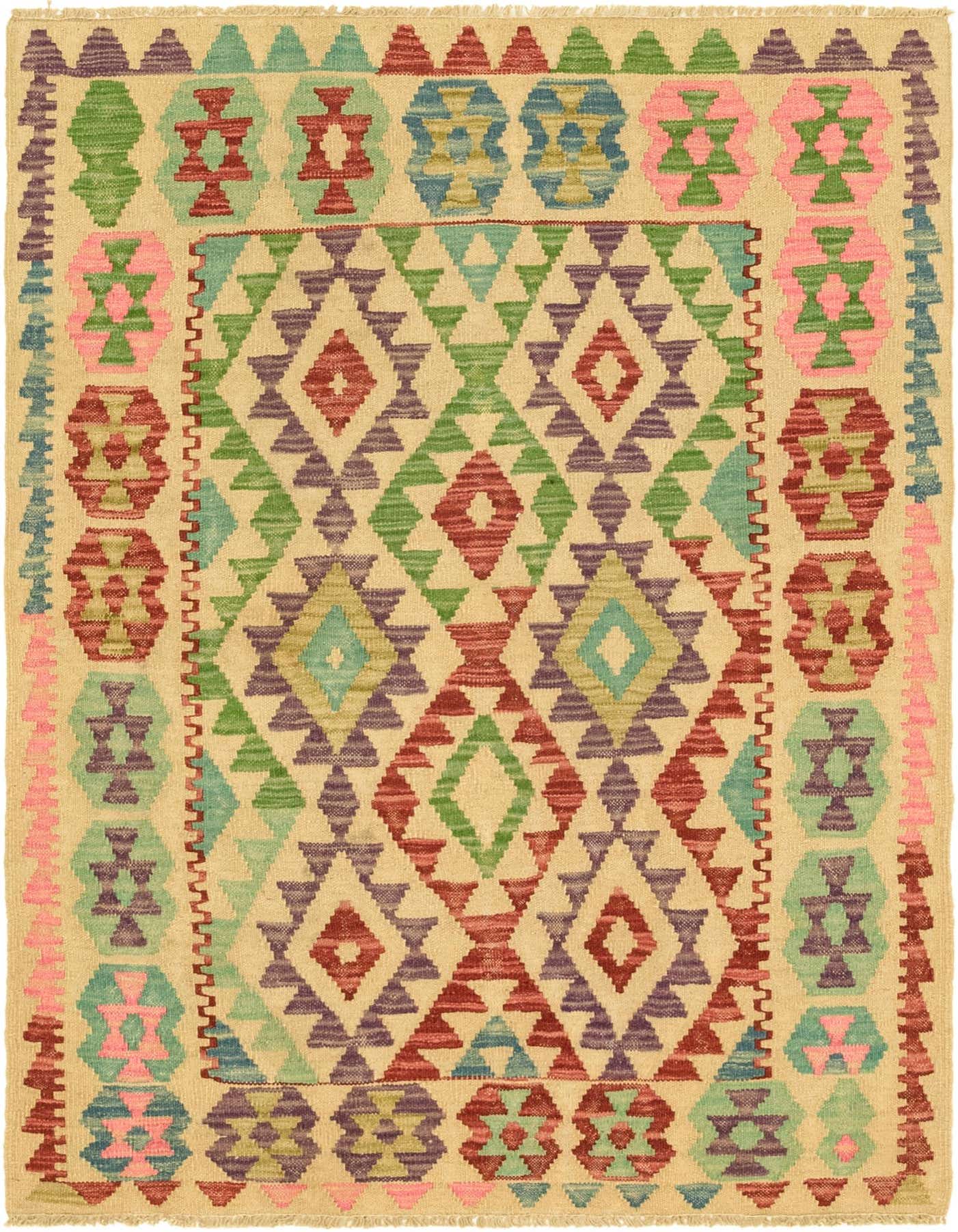 A 4x6 rectangular Kilim Maymana rug with a Southwestern tribal pattern in shades of brown, ivory, green, red, and blue.