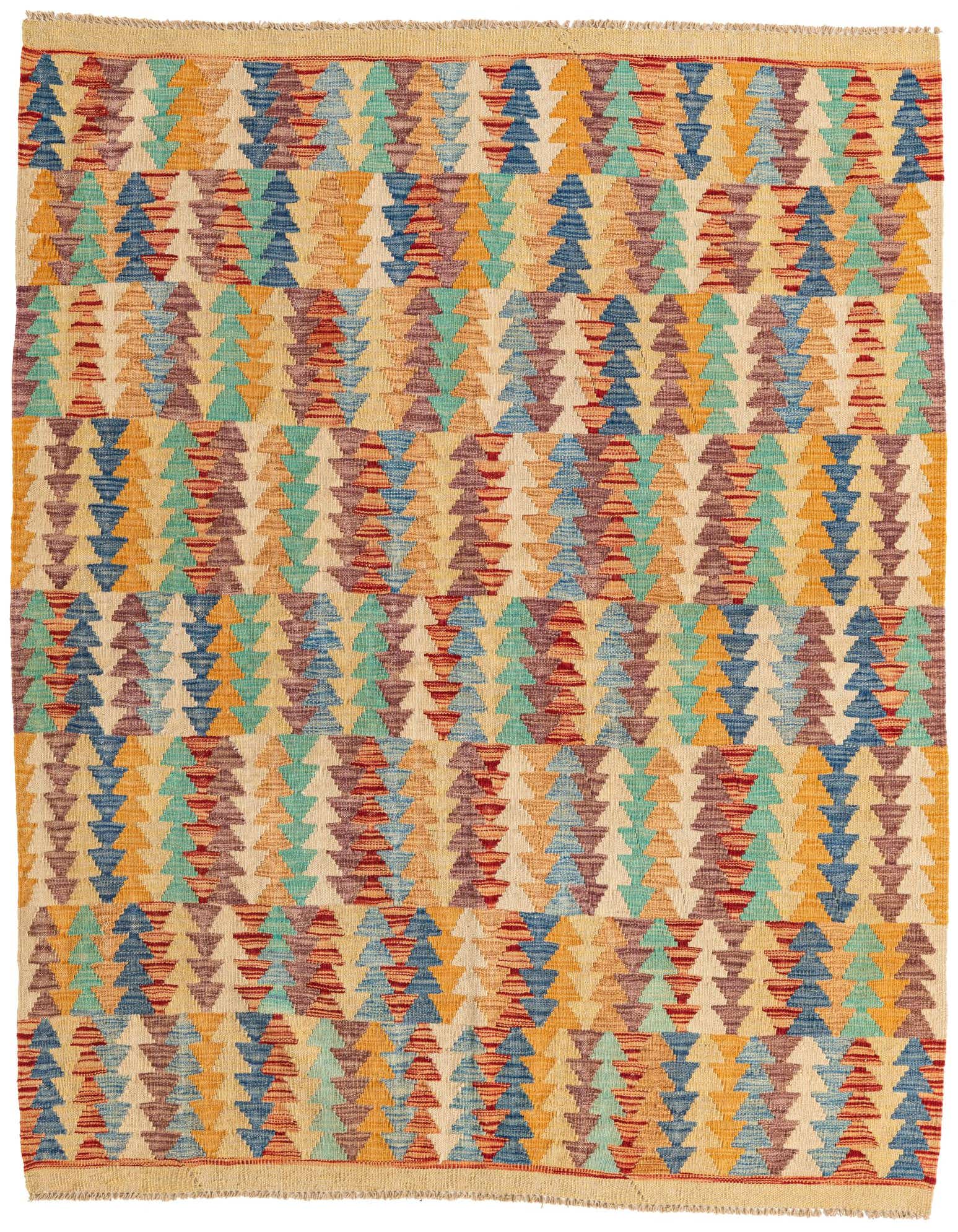 A 5x8 rectangular Kilim Maymana rug with a tribal pattern in browns, tans, ivories, creams, blues, and reds.