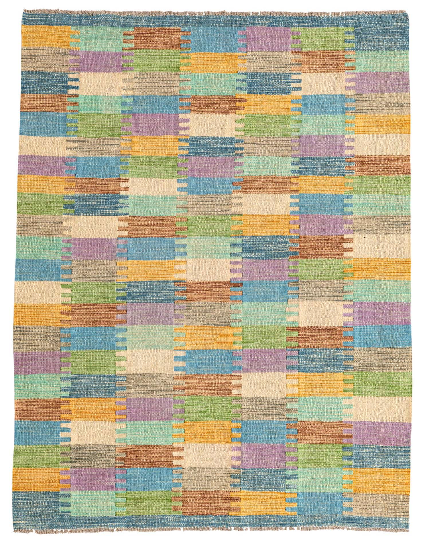 A 4x6 rectangular Kilim Maymana wool rug featuring a vibrant tribal pattern of horizontal stripes in various shades of brown, tan, ivory, blue, green, and purple.