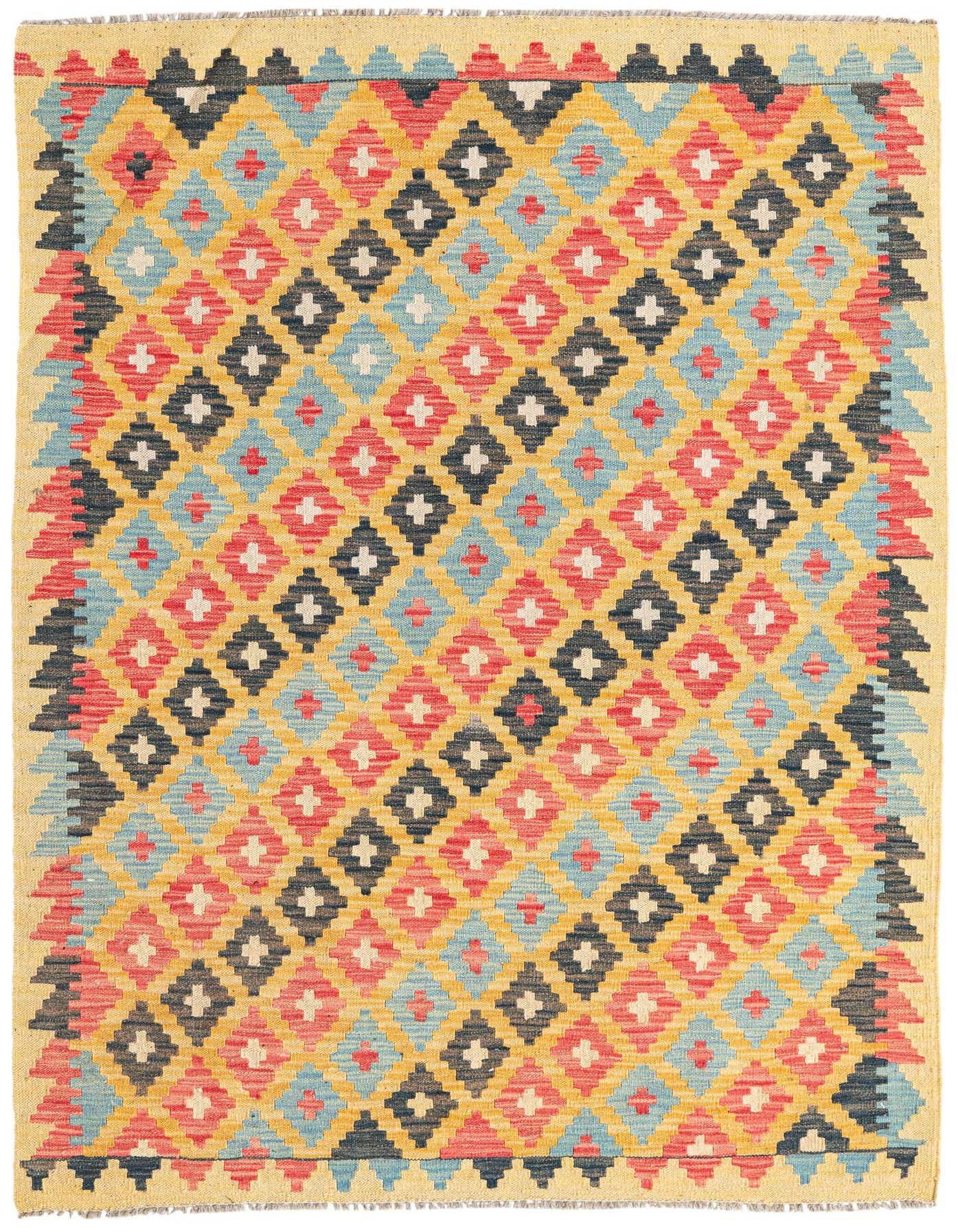 A 4x6 rectangular Kilim Maymana rug with a tribal geometric pattern in brown, tan, ivory, red, and blue.