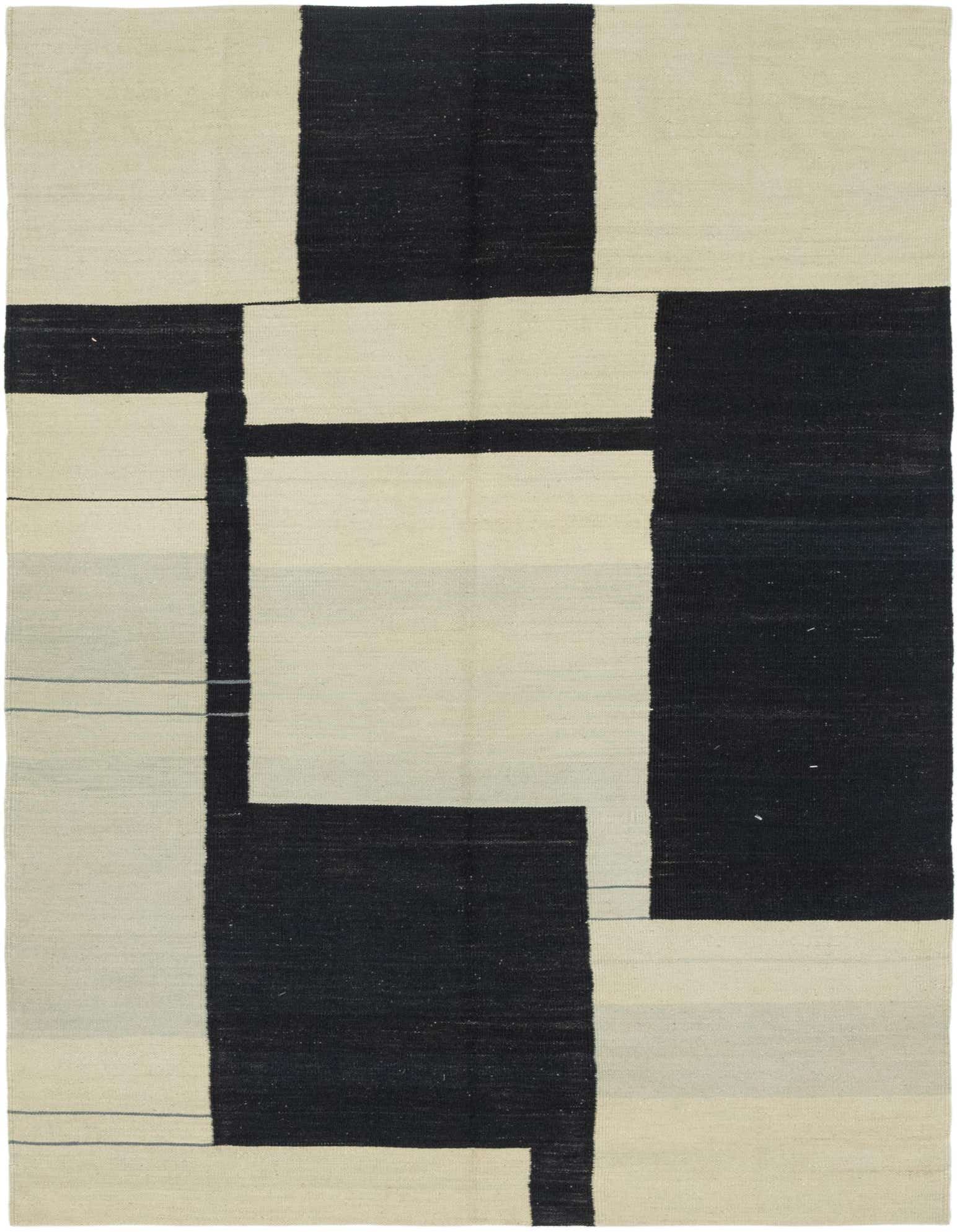 A 4x6 rectangular flatweave rug with a modern tribal pattern in black and off-white blocks, suitable for a living room.